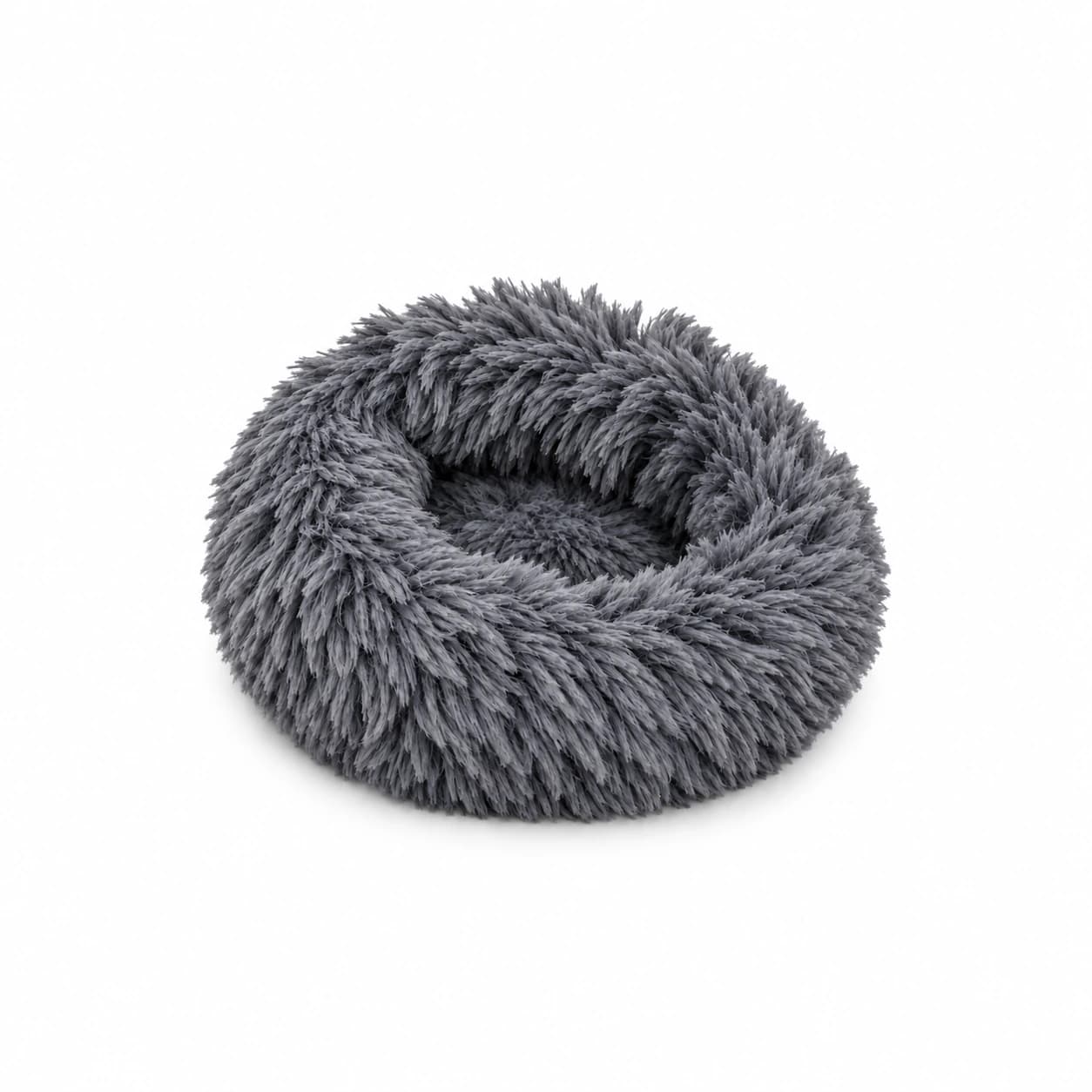 Nid rond en tissu gris ardoise à poils longs, vide, vu de trois quarts sur fond blanc