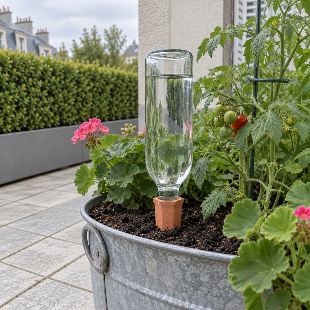 Pique en terre cuite plantée dans un bac en zinc, bouteille d'eau retournée