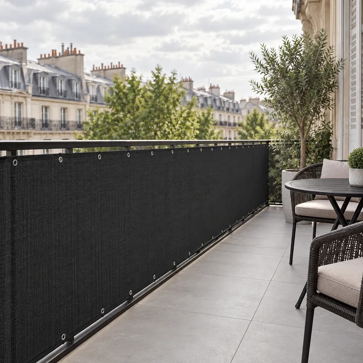 Paravent de balcon anthracite monté sur un garde-corps, toits parisiens en arrière-plan et coin salon