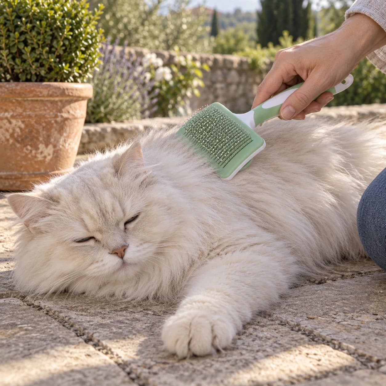 La brosse passée sur le dos d'un chat à poils longs, sur une terrasse en pierre