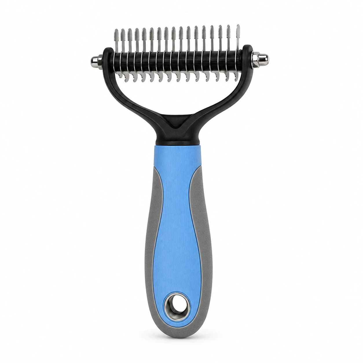 Peigne de toilettage bleu à tête en Y vu de face sur fond blanc, les deux rangées de dents visibles