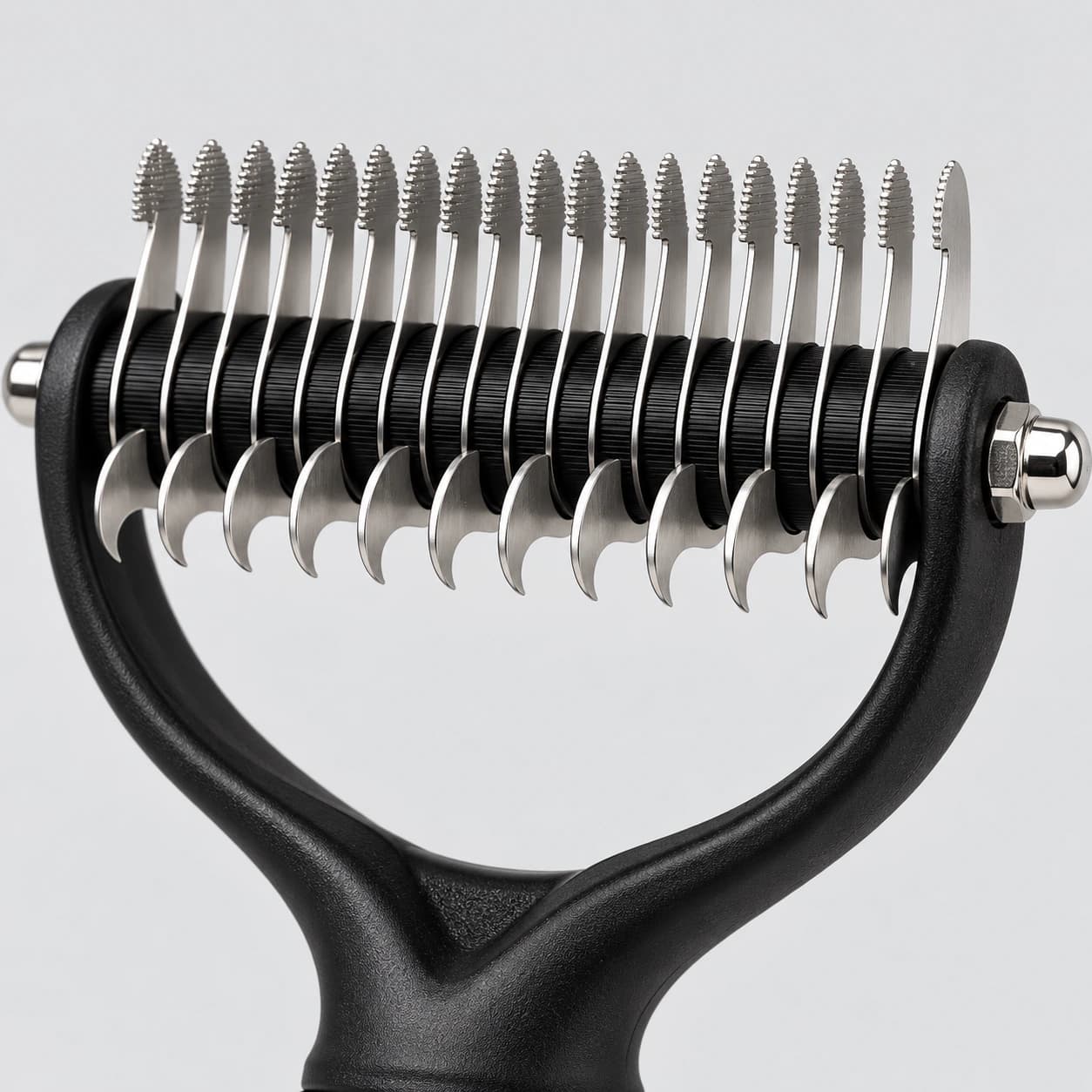 Gros plan sur la tête : la rangée de dents fines et striées au-dessus, les lames courbées en crochet en dessous