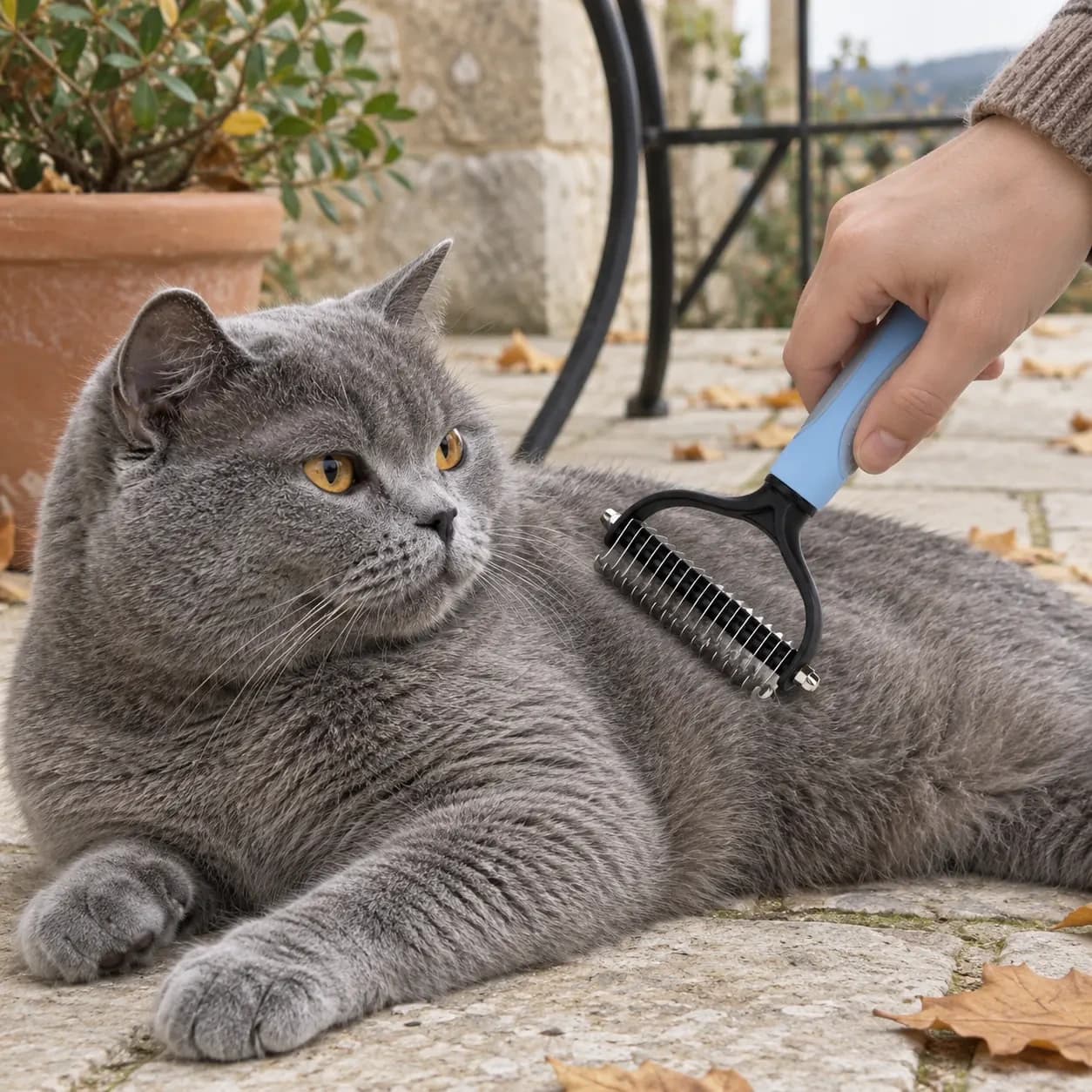 Le peigne tenu d'une main sur le dos d'un chat gris à poil épais, sur une terrasse en pierre, en automne