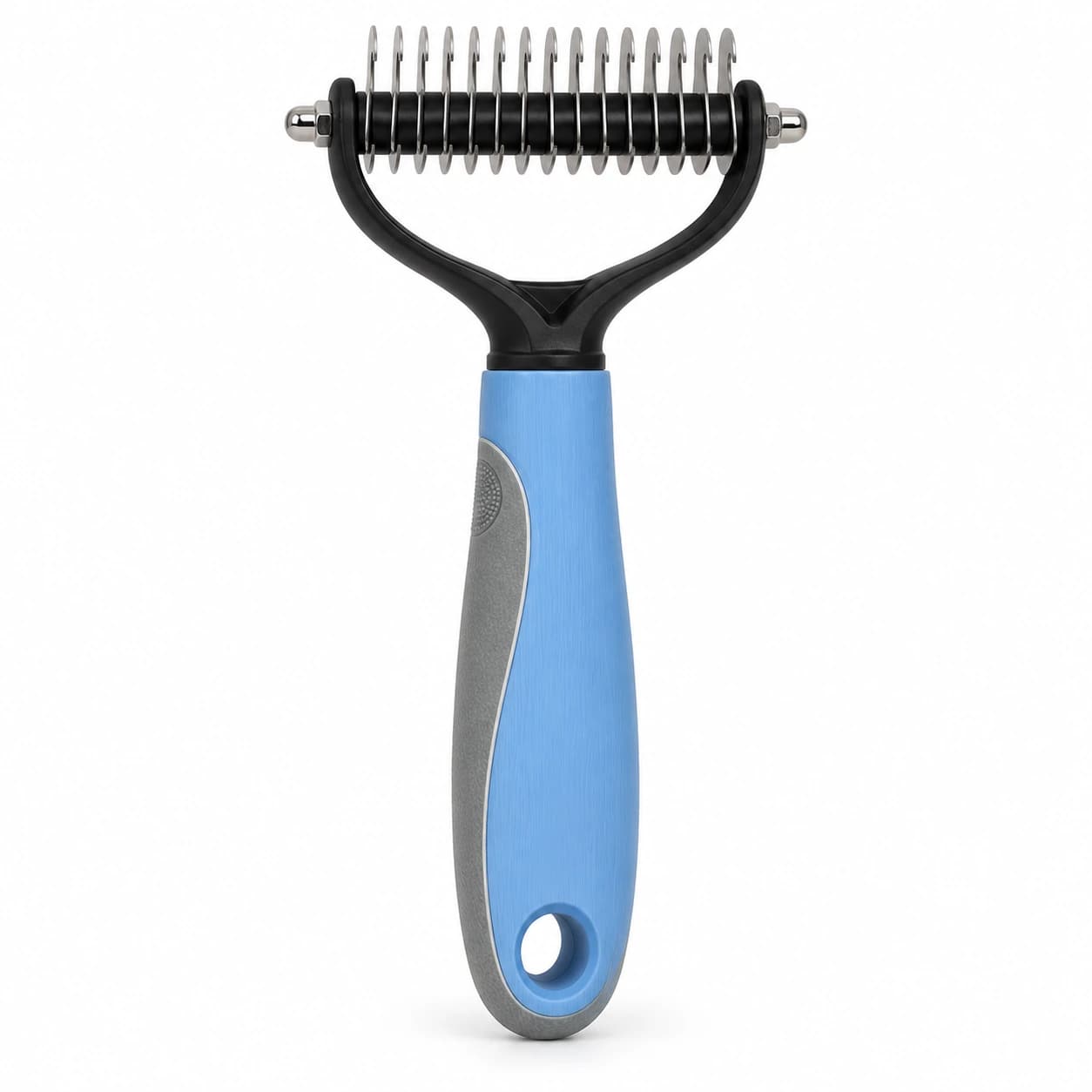 Le peigne entier vu de dos : manche bleu à insert gris antidérapant et œillet de suspension en bout