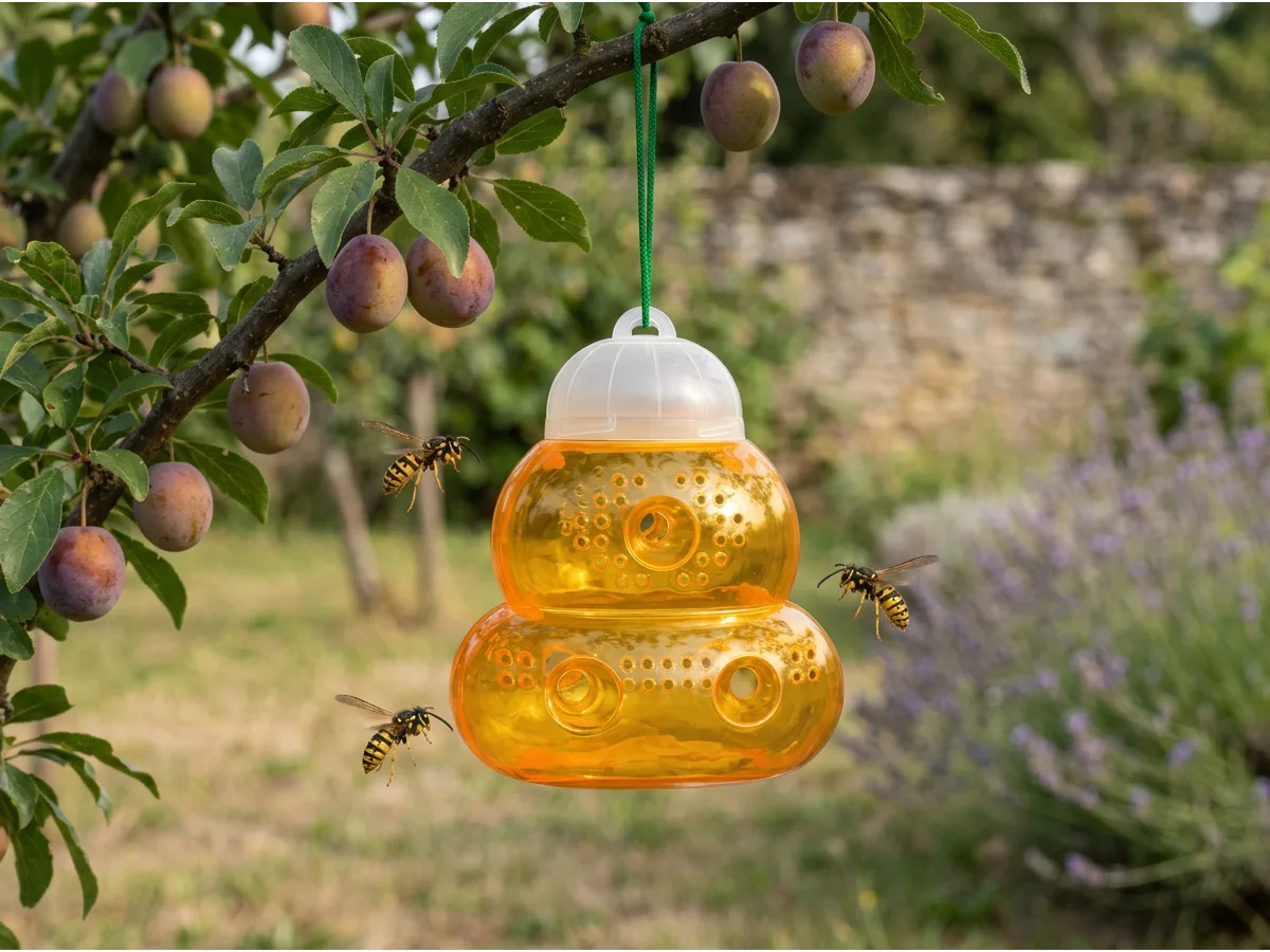 Le piège en forme de ruche suspendu seul à une branche dans un jardin