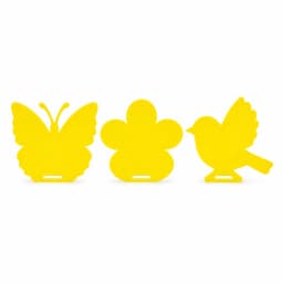 Trois plaques collantes jaunes à insectes, formes papillon, fleur et oiseau, sur fond blanc