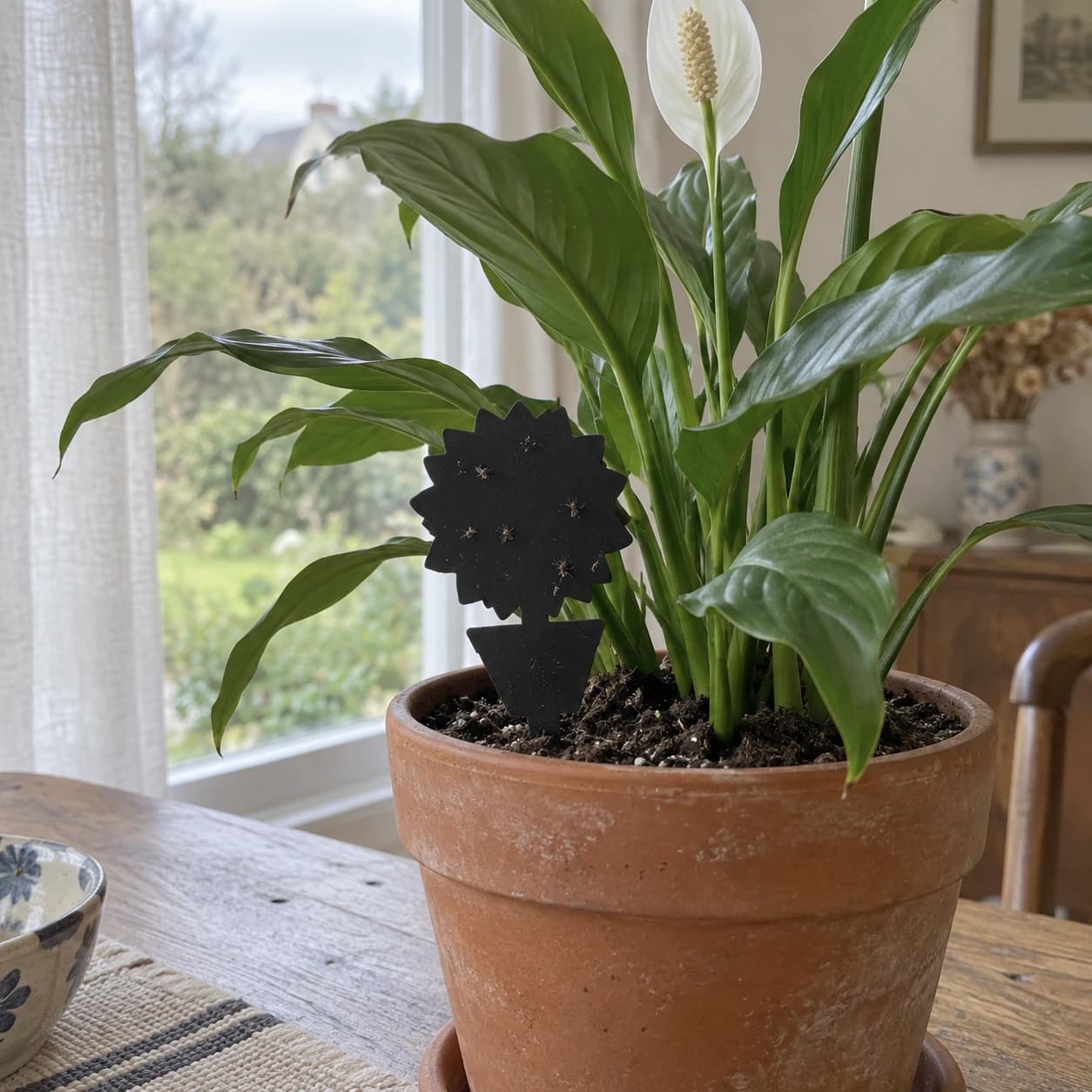 Plaque collante noire tournesol plantée dans le terreau d'un pot de plante verte près d'une fenêtre