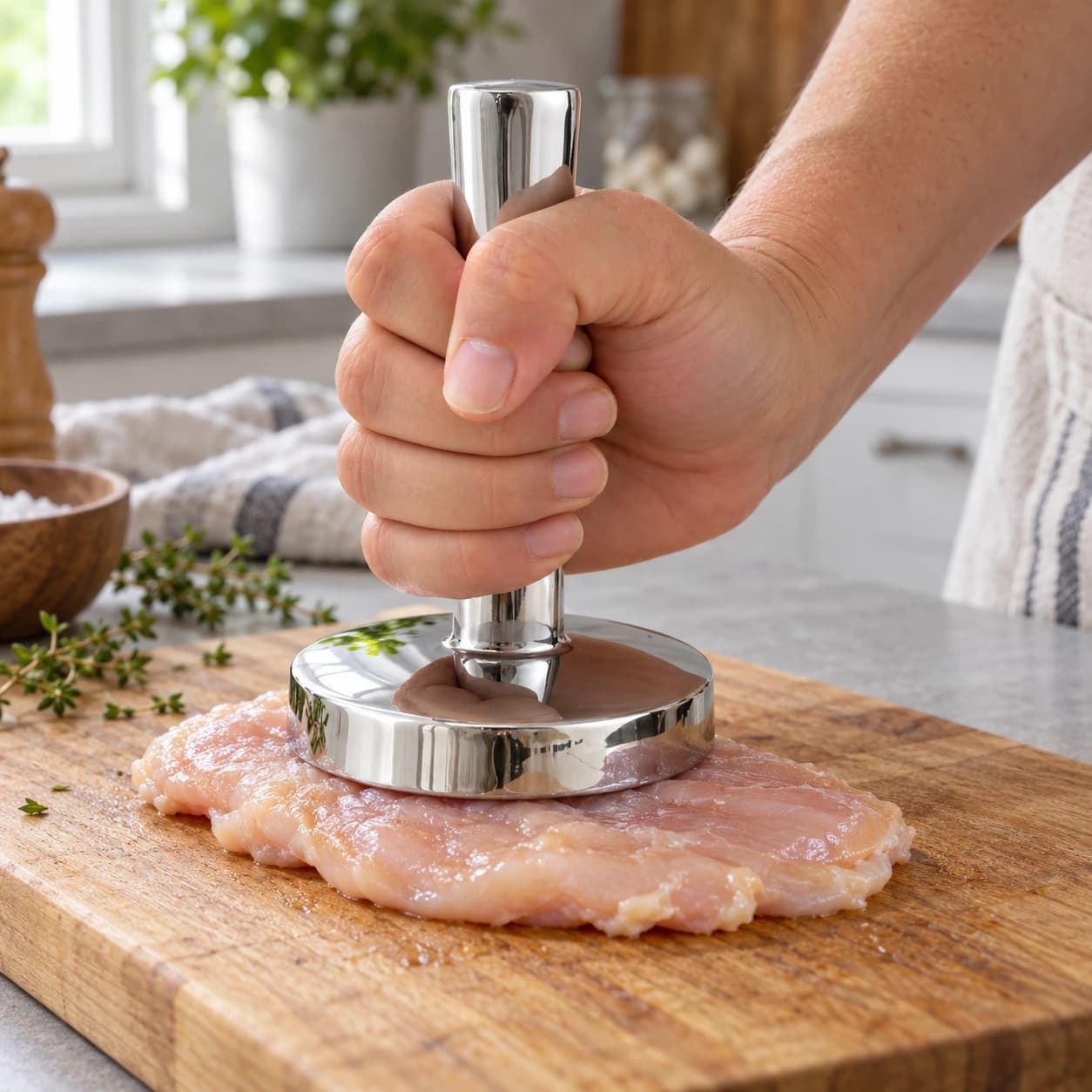 Le disque du pilon posé à plat sur une escalope crue, main au manche, sur une planche en bois