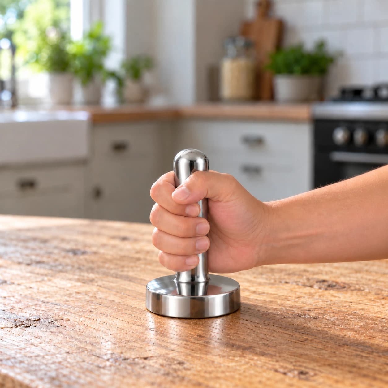 Main tenant le pilon par le manche à mi-hauteur, échelle réelle, le poing plus large que le disque