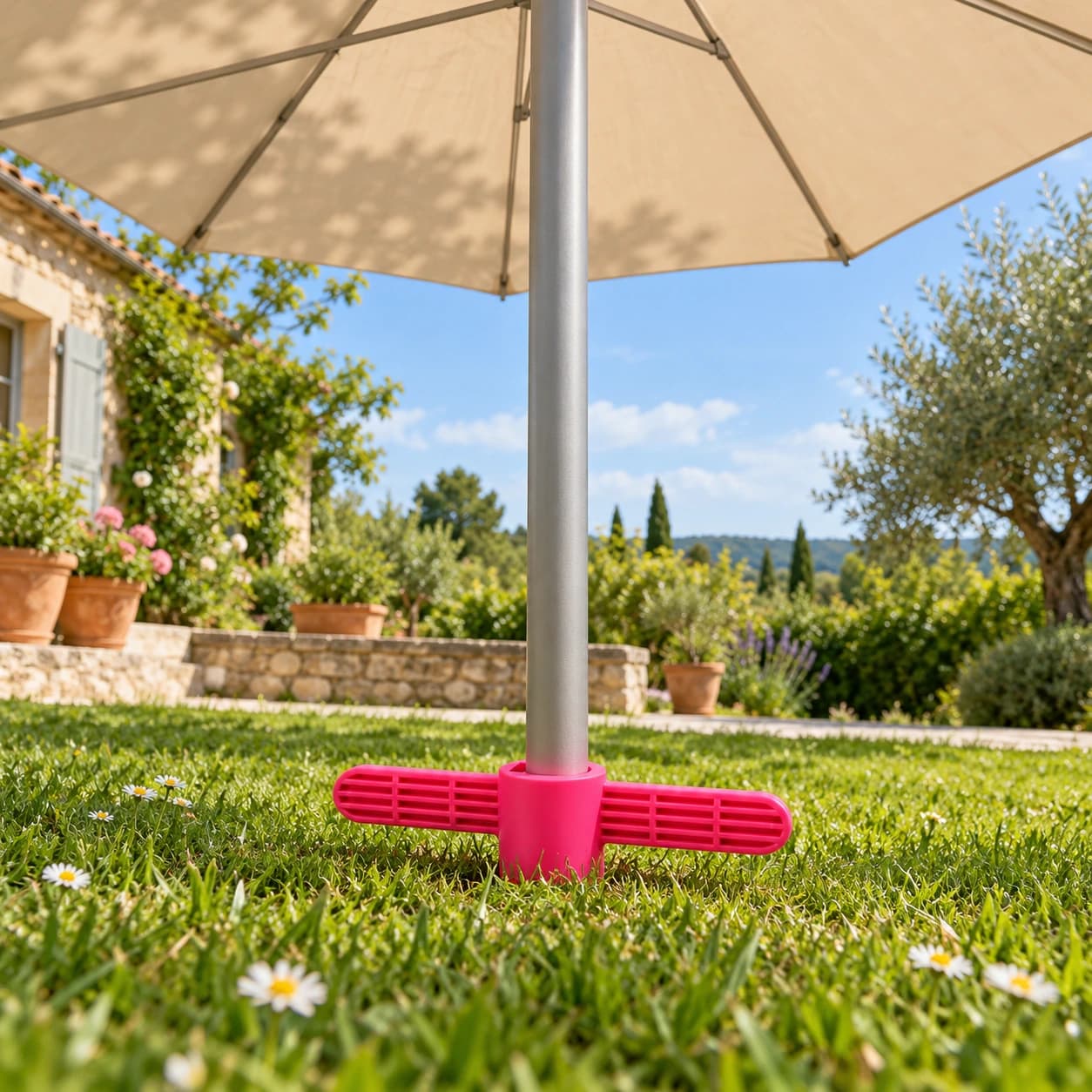 Pied de mât de parasol engagé dans la tête de la pique, toile dépliée au-dessus