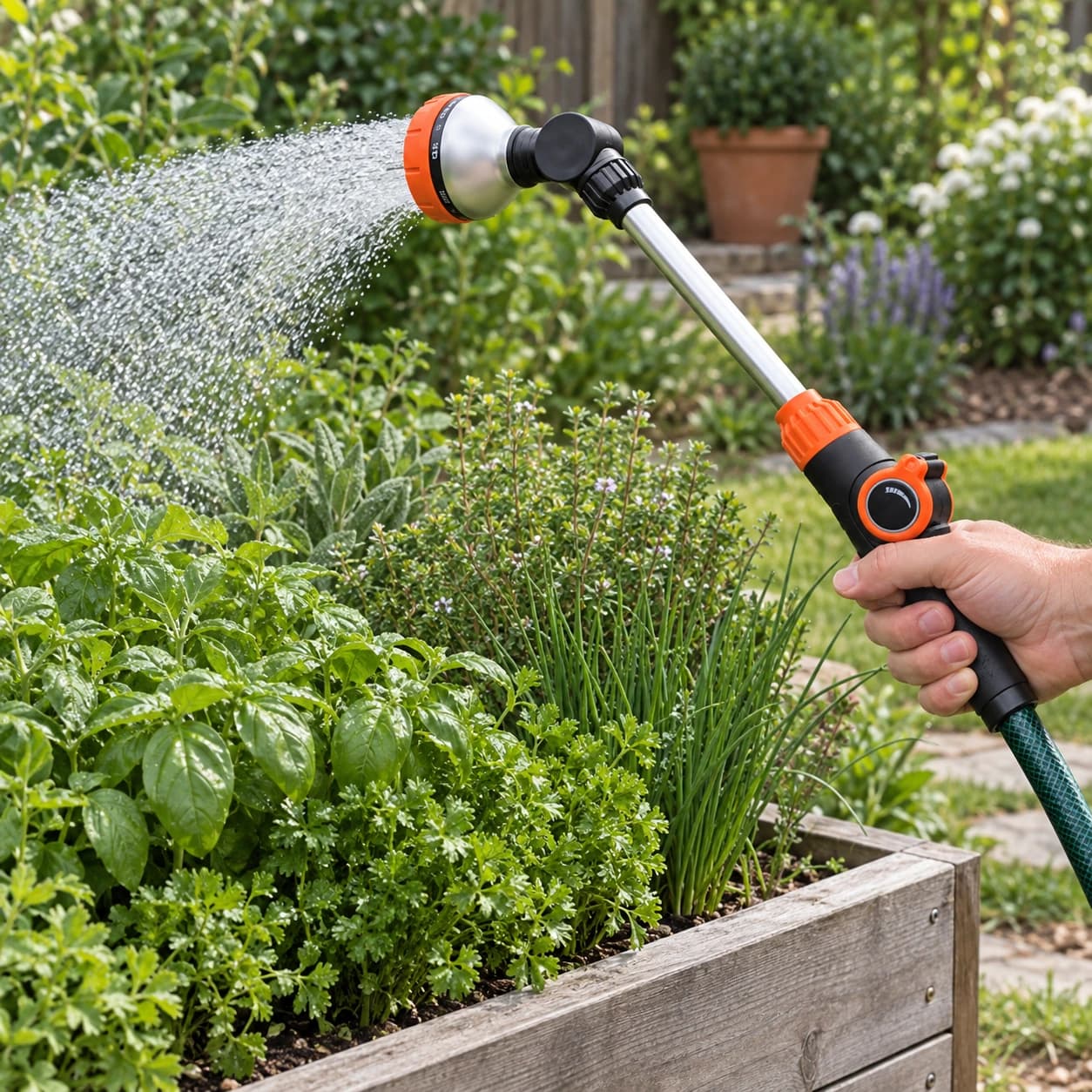 Lance d'arrosage tenue à la main pour arroser les aromatiques du potager