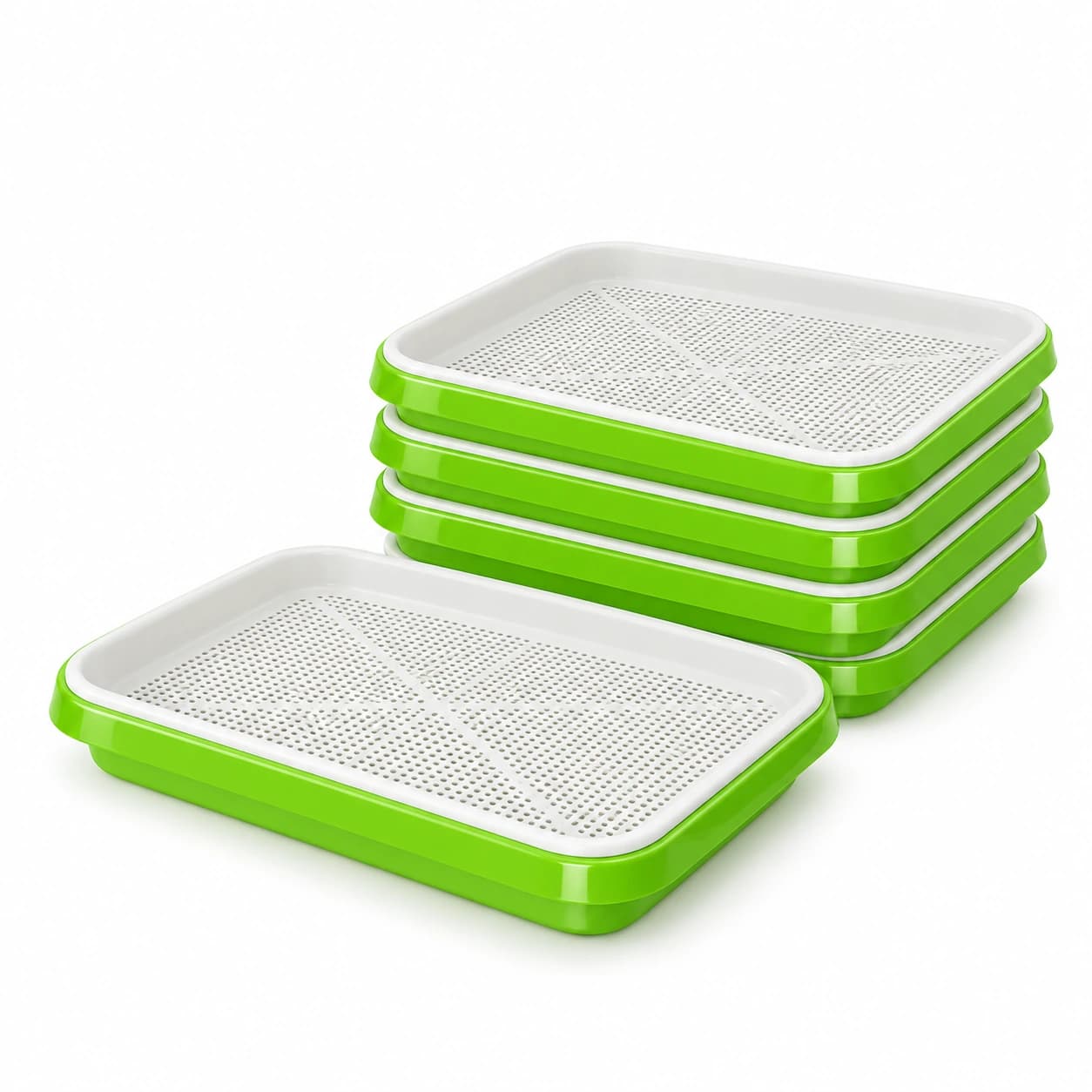 Lot de cinq bacs verts à rebord, chacun garni de son insert à grille blanche, vue de trois quarts sur fond clair