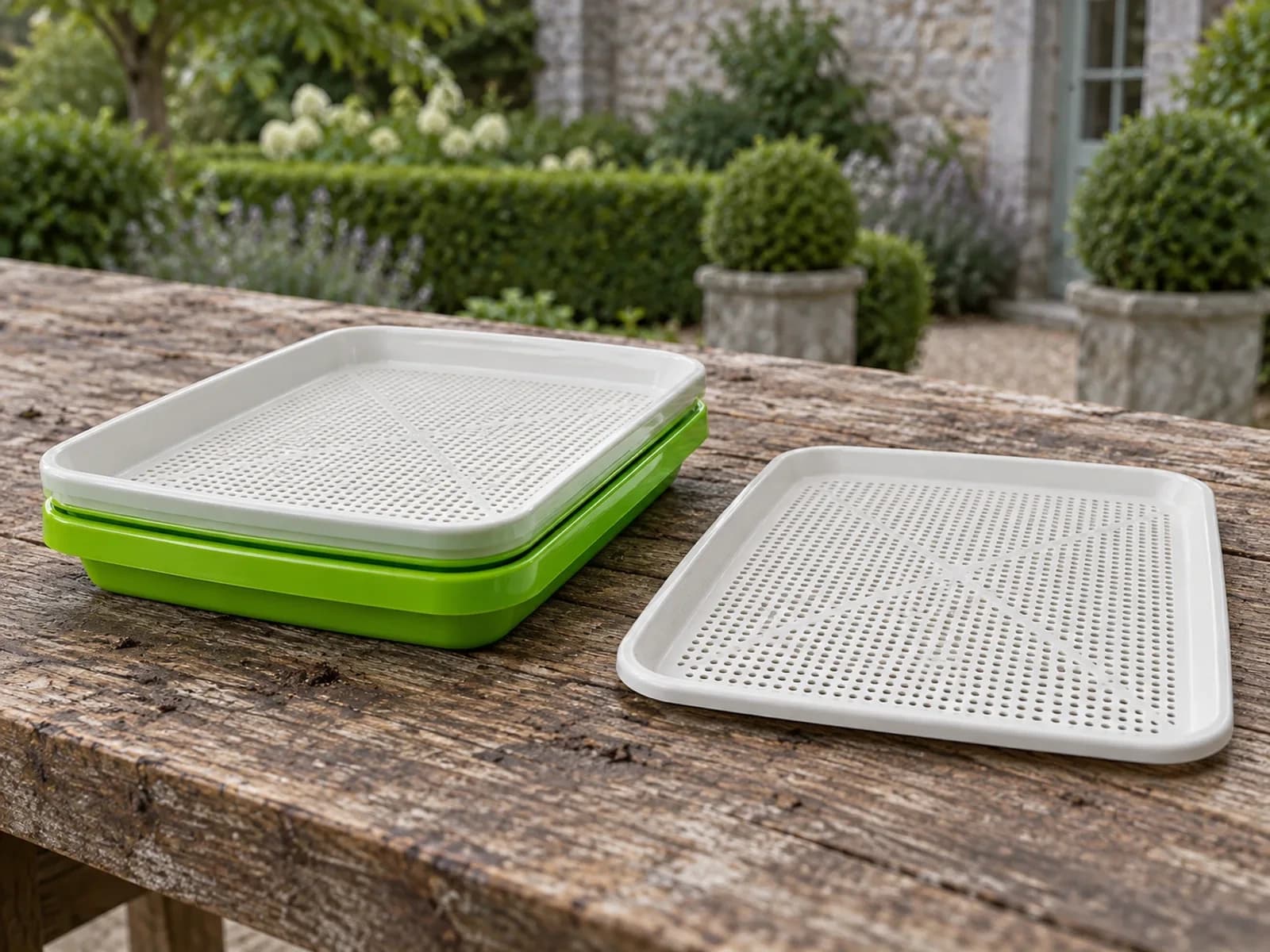 Plan coté d'un plateau vert à plat : 22 cm de long et 14 cm de large, insert en place