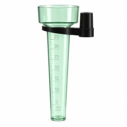 Pluviomètre de jardin en plastique vert clair translucide, gradué de 5 à 35 mm, sur fond blanc