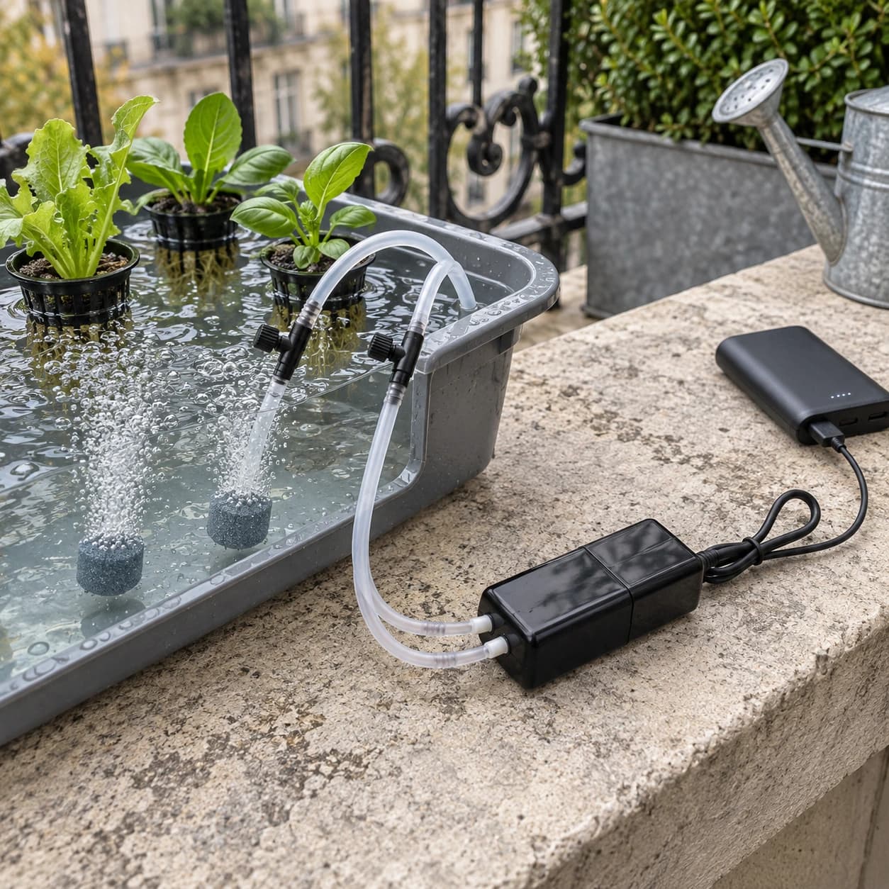 Pompe à air en service sur un balcon, ses deux pierres diffusantes font des bulles dans la réserve d'eau