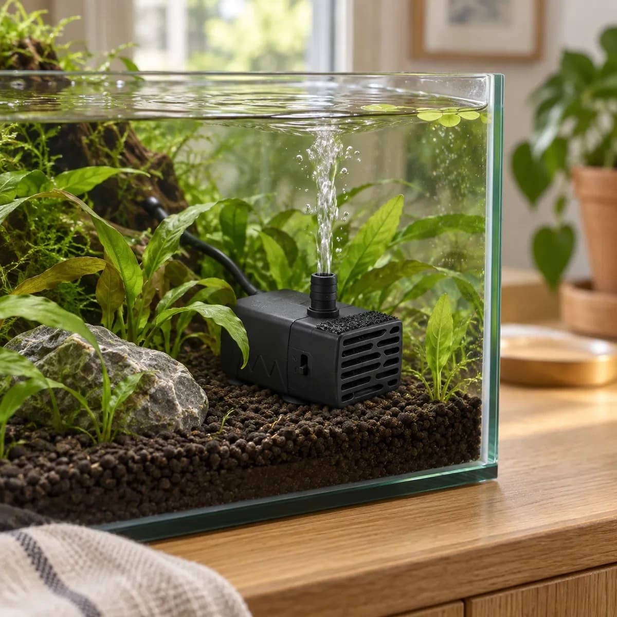 Pompe de circulation USB à débit réglable pour aquarium, en usage