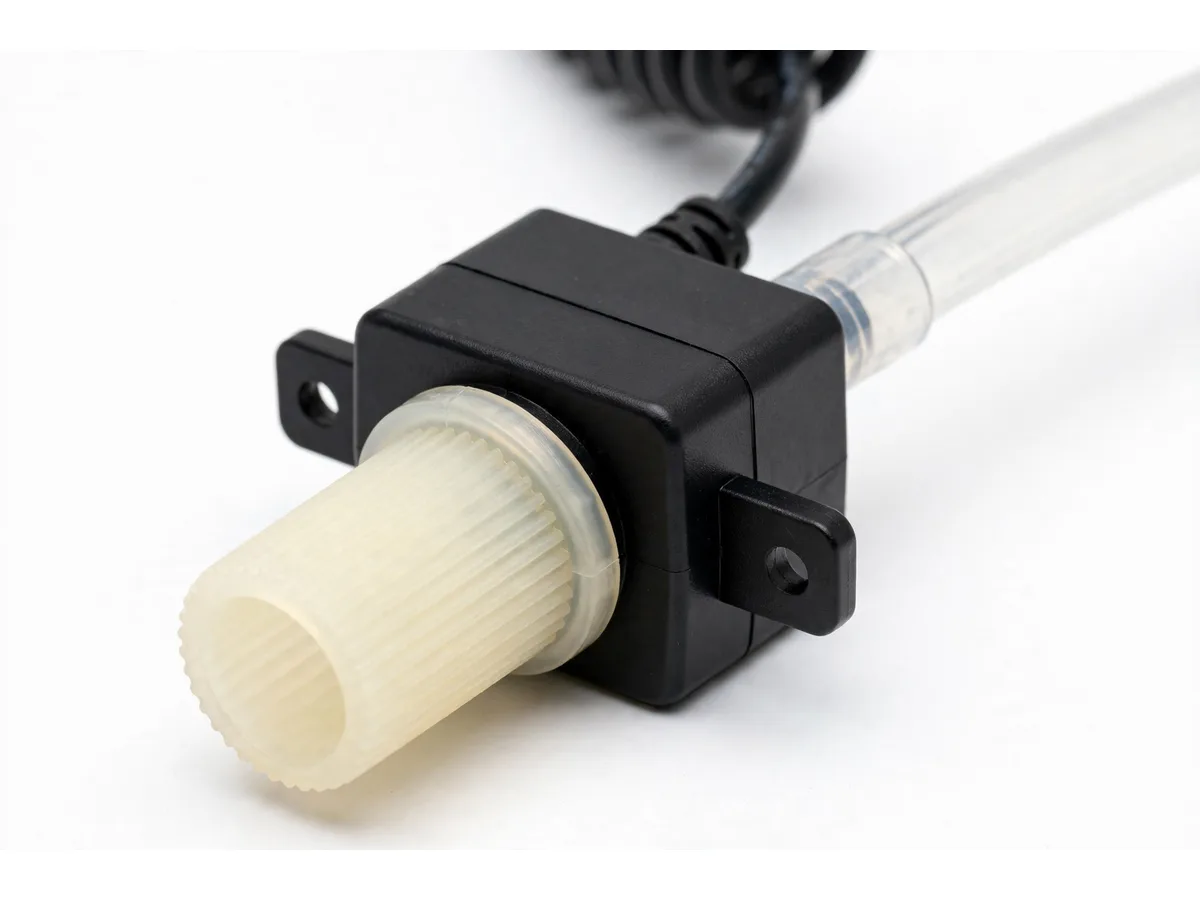 Gros plan fond blanc de la pompe submersible, pattes de fixation, cartouche de crépine nervurée translucide crème, tuyau transparent sur la sortie