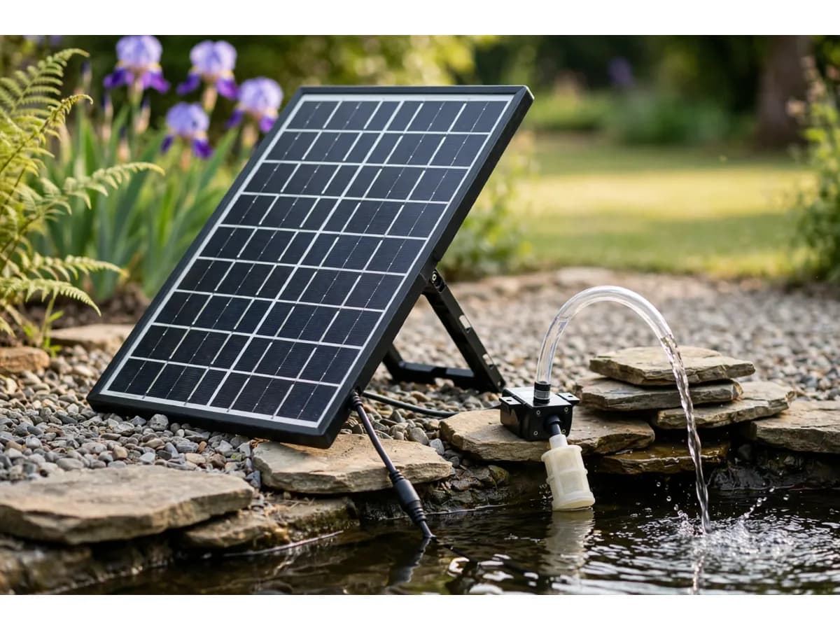 Panneau solaire posé au sec sur du gravier, câble plongeant dans l'eau, pompe au ras de la surface, tuyau passant sur des pierres plates, fougères et iris