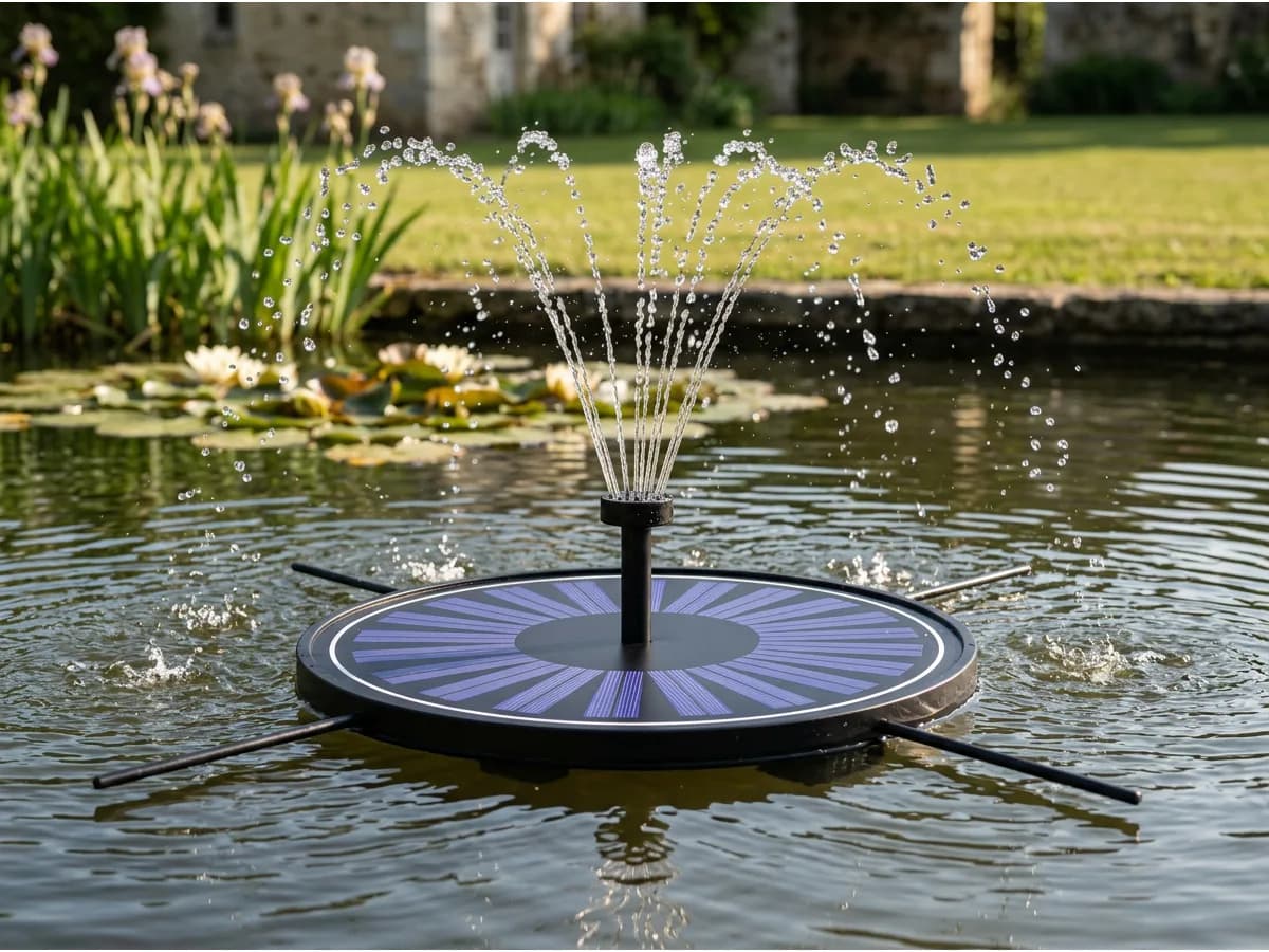 La fontaine flotte à fleur d'eau sur un bassin de jardin planté, gerbe de jets clairs retombant autour, nénuphars et iris de berge, pelouse floutée derrière