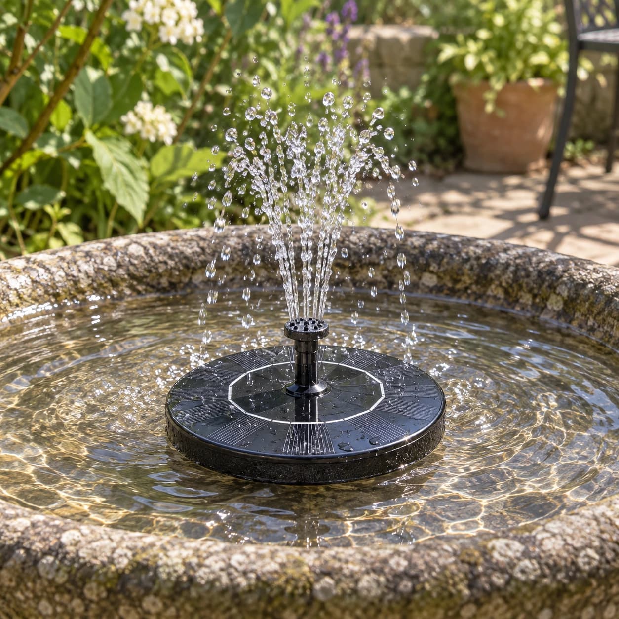 Fontaine en fonctionnement dans un petit bassin