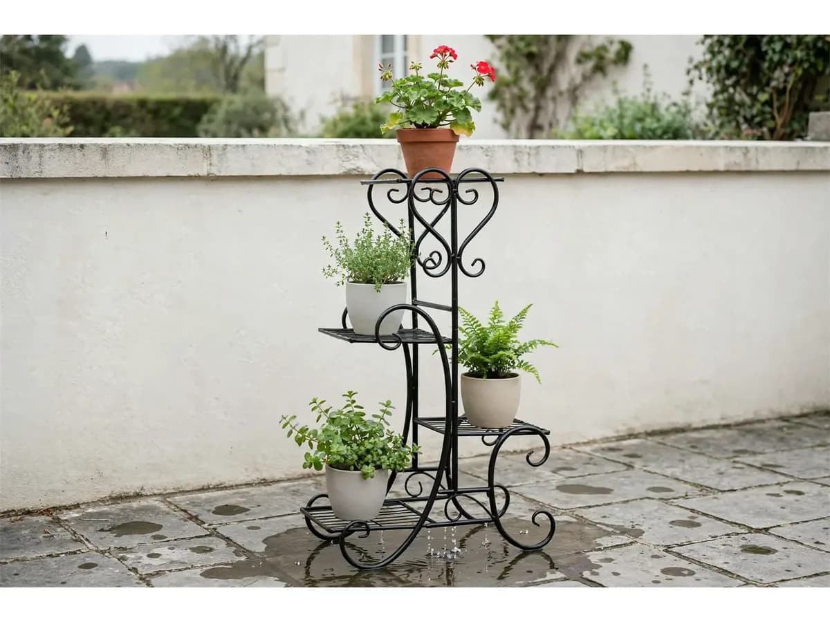 Porte plantes chargé de quatre pots sur une terrasse en dalles de pierre mouillée, l eau d arrosage traverse les plateaux à claire voie