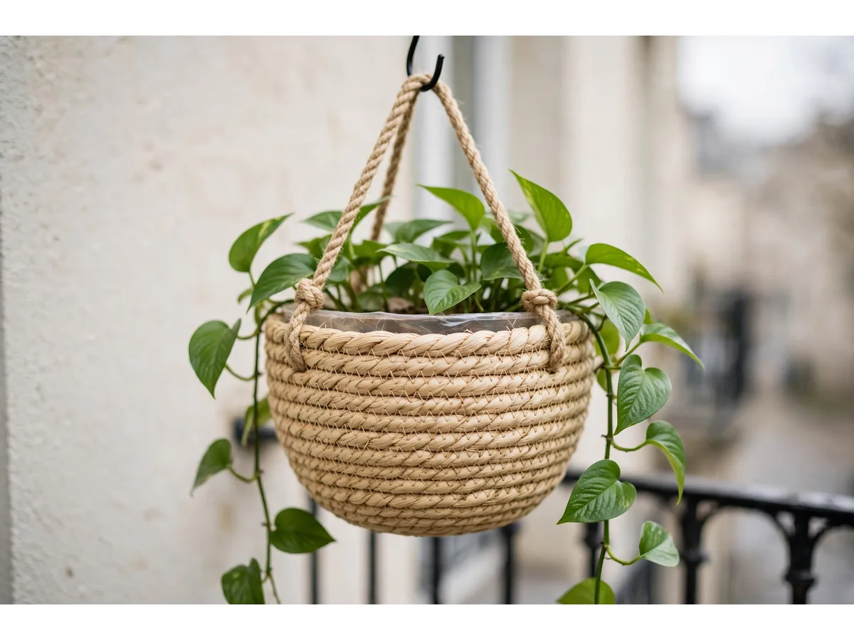Panier tressé accroché à un crochet noir sur un balcon clair, un pothos retombant déborde du bord