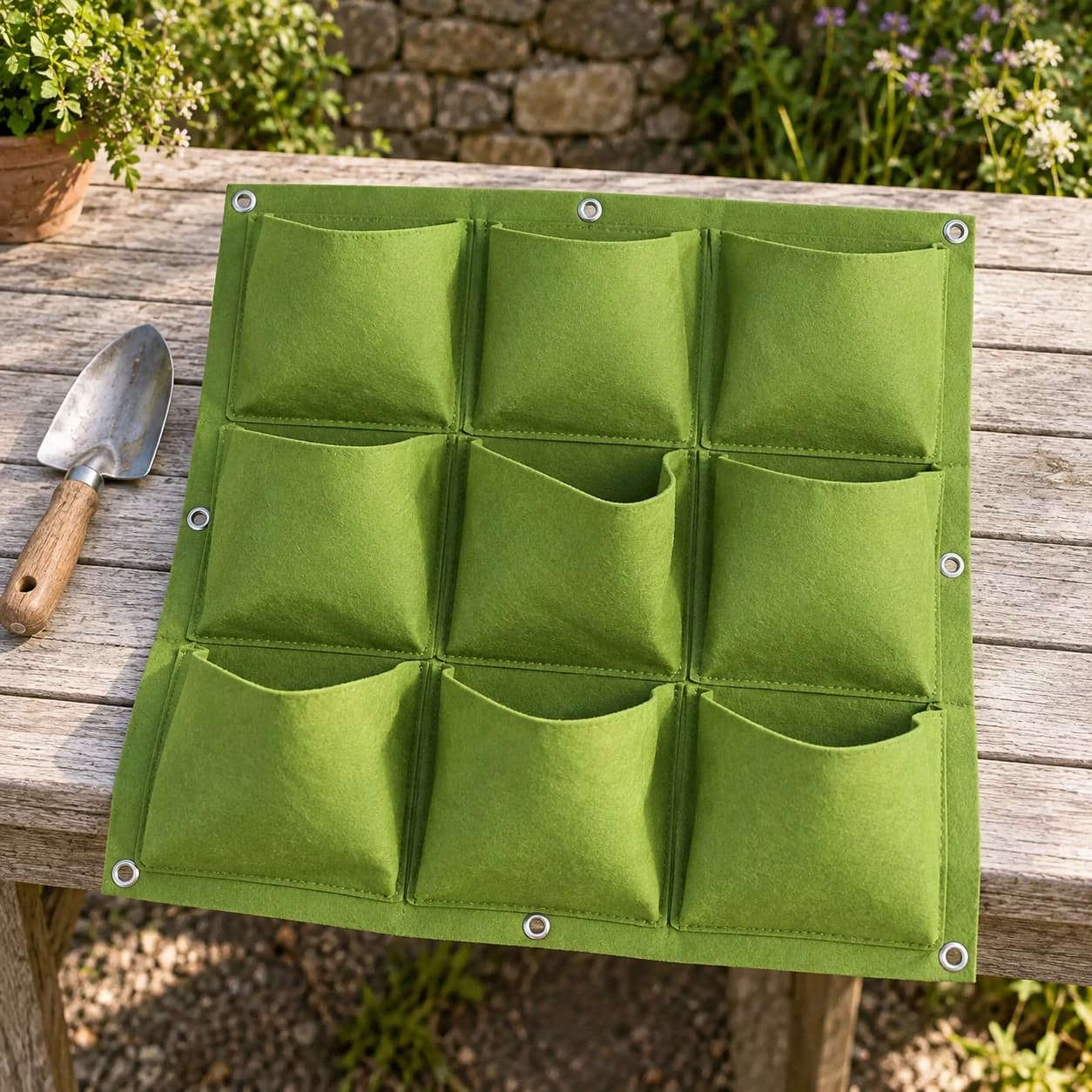 Panneau de feutre vert clair posé sur une table, neuf pochettes et œillets visibles