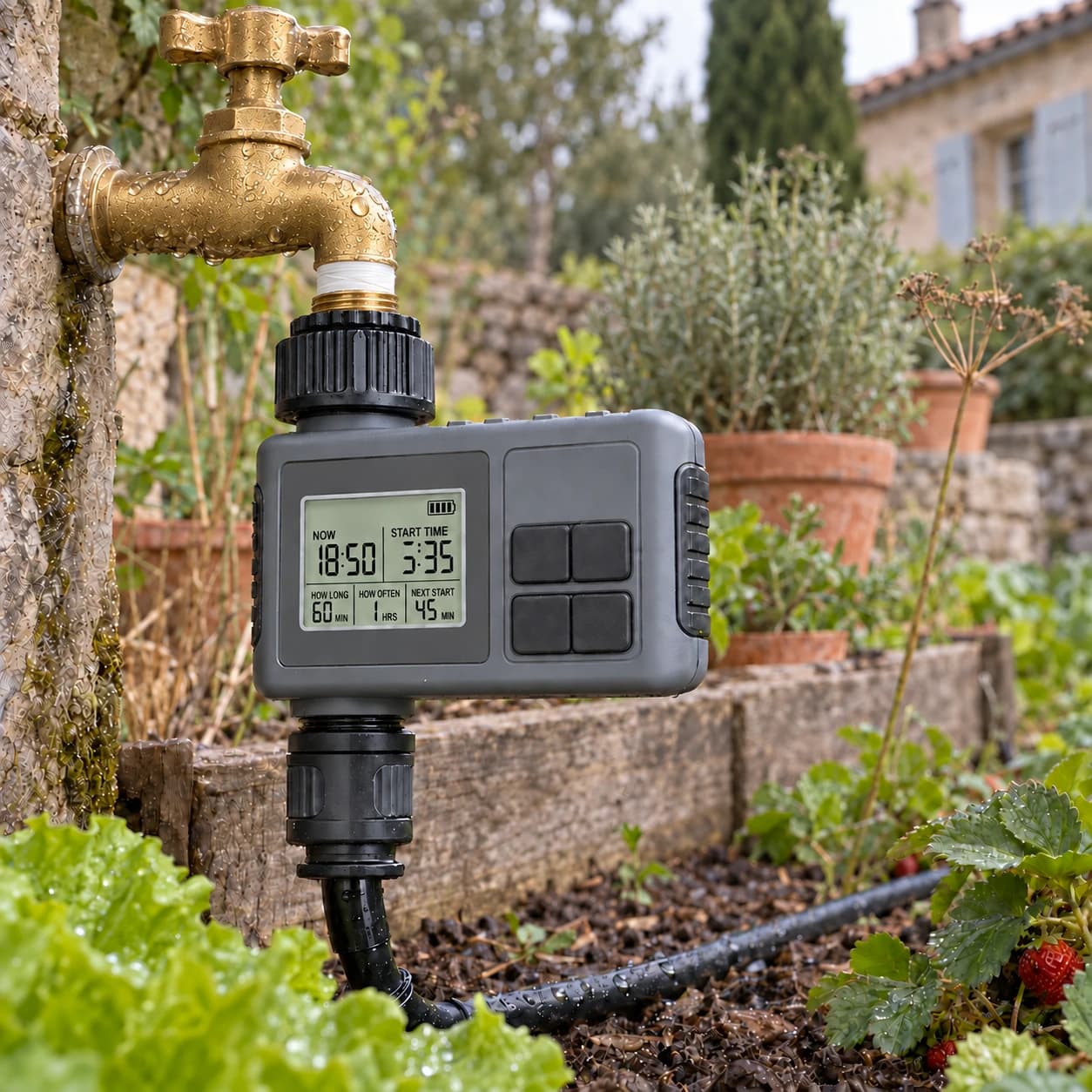 Programmateur d'arrosage vissé sur un robinet de jardin, carré potager et tuyau goutte-à-goutte