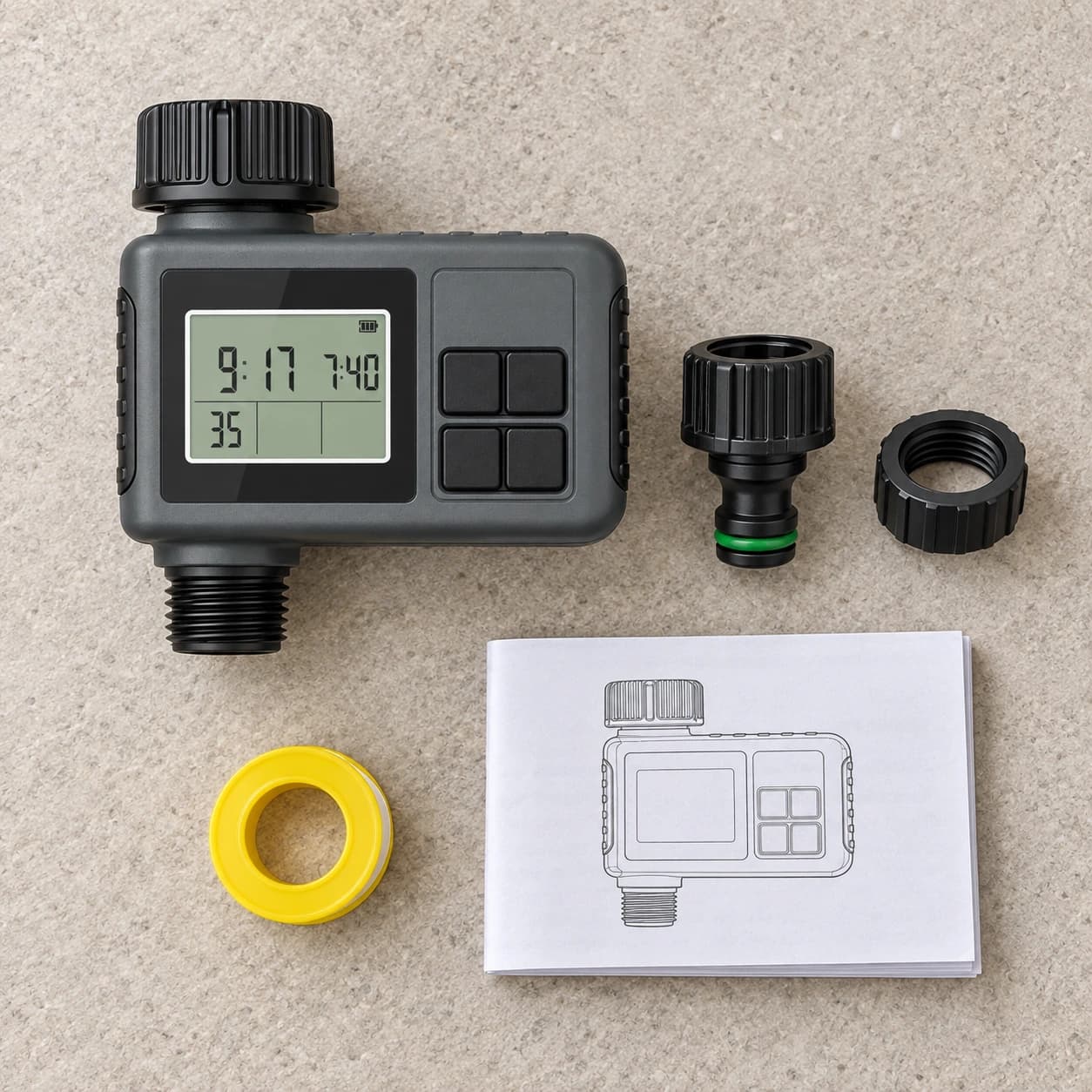 Contenu du colis du programmateur d'arrosage : connecteur rapide, bague réductrice, ruban d'étanchéité et notice