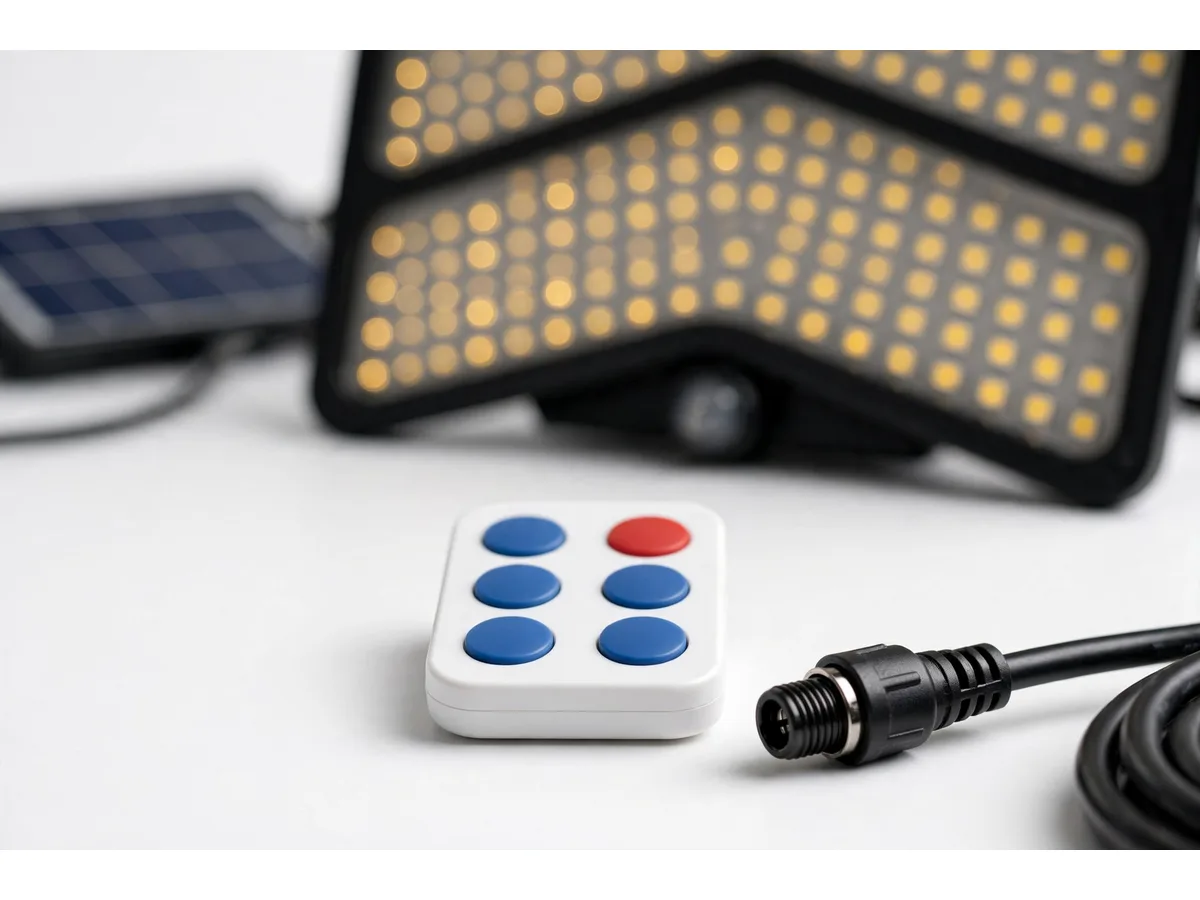 Macro sur la télécommande blanche et ses cinq touches, connecteur du câble au premier plan, dalle de diodes floue en arrière-plan