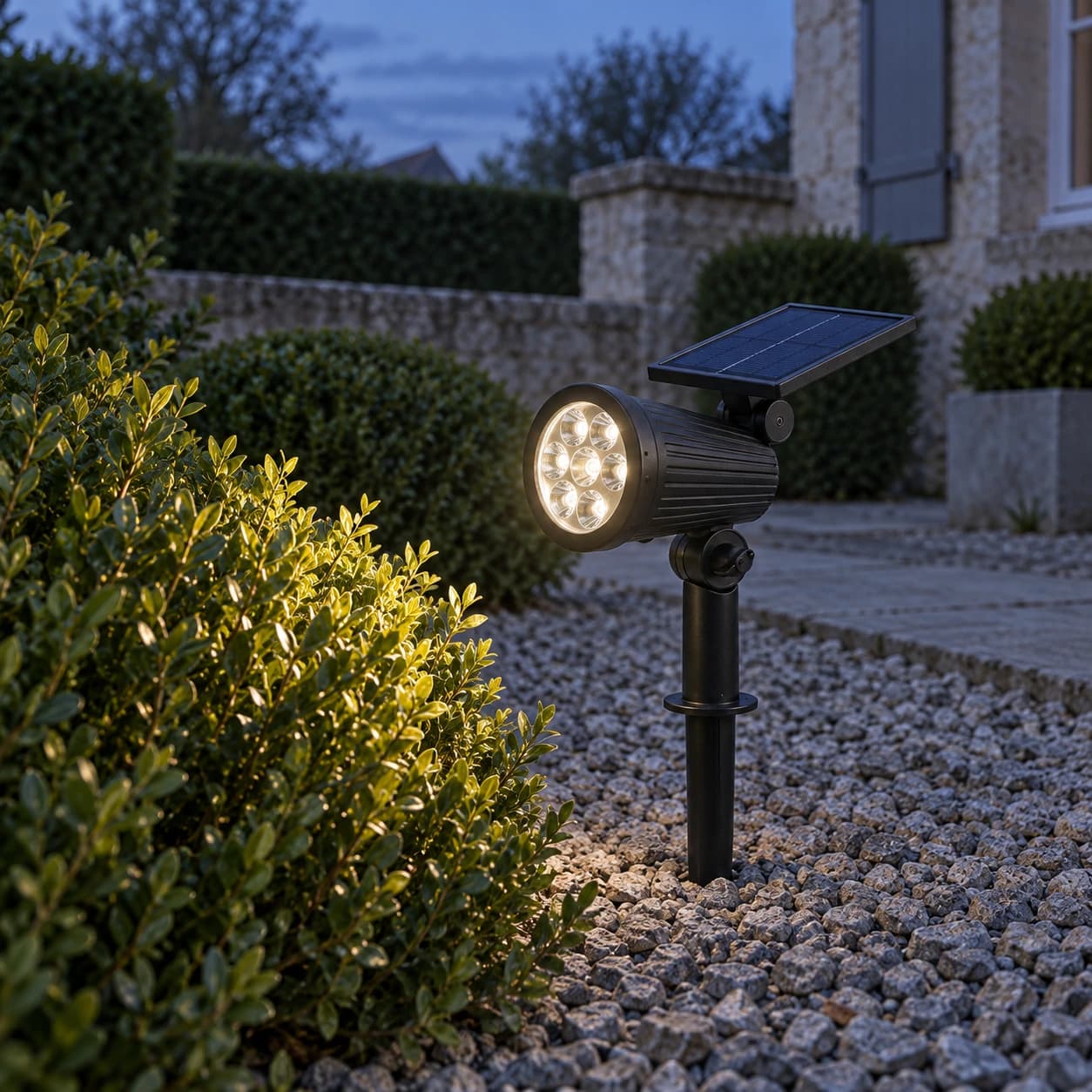 Au crépuscule dans un jardin de pierre, le projecteur planté dans les graviers éclaire un buisson d'une lumière blanc chaud
