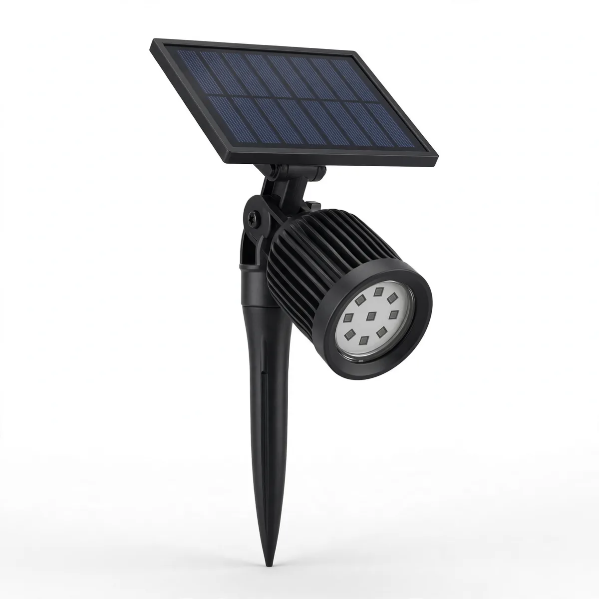 Sur fond blanc, projecteur solaire à tête cylindrique nervurée orientable et panneau rectangulaire, tous deux portés par le même piquet noir
