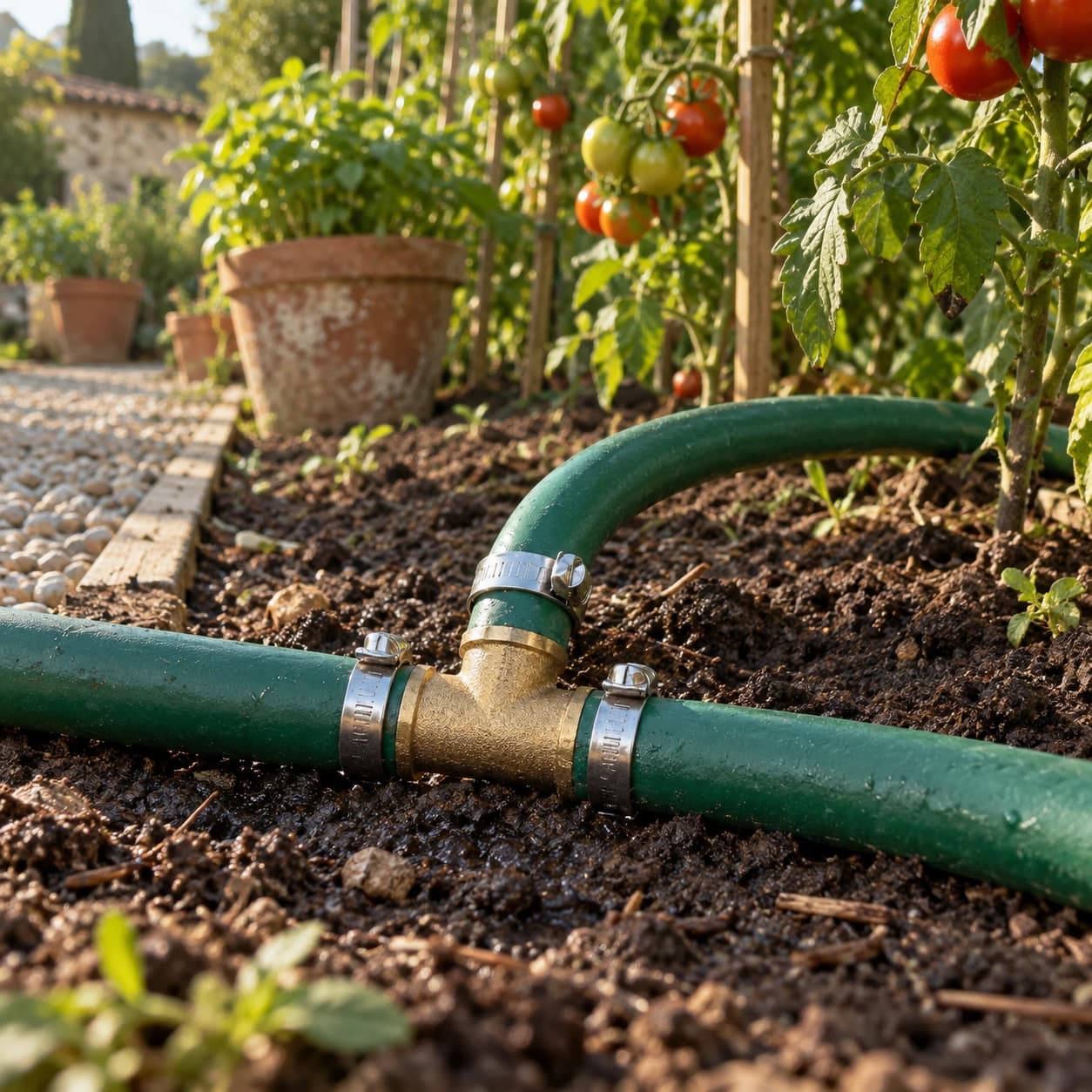 Raccord en T laiton enfiché dans un tuyau d'arrosage vert, embout latéral alimentant une rampe au potager