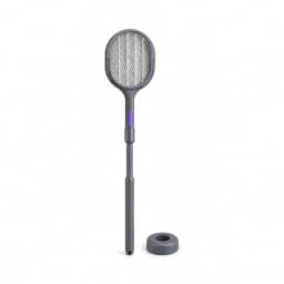 Raquette anti moustique télescopique gris foncé, tête ovale et bouton violet