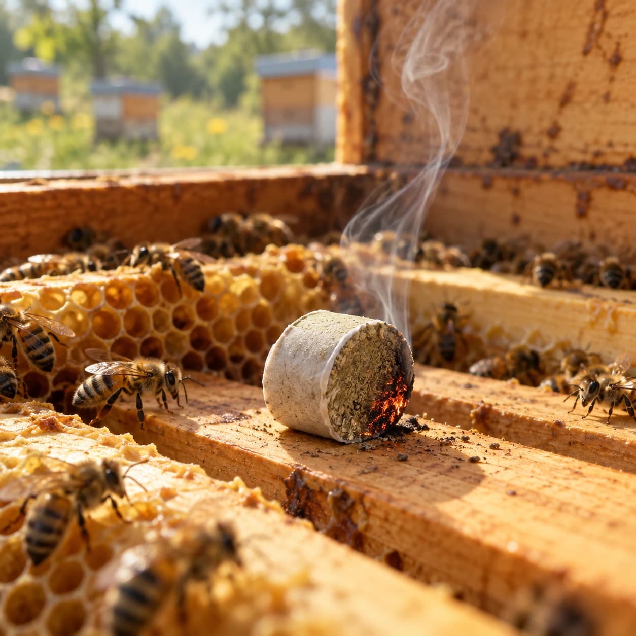 Bâtonnet de fumigation allumé déposé dans une ruche, légère fumée montante