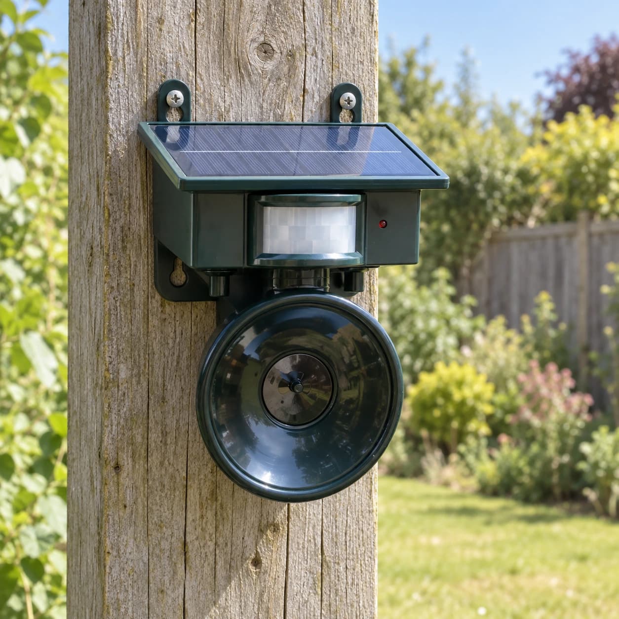 Répulsif installé sur un poteau de jardin