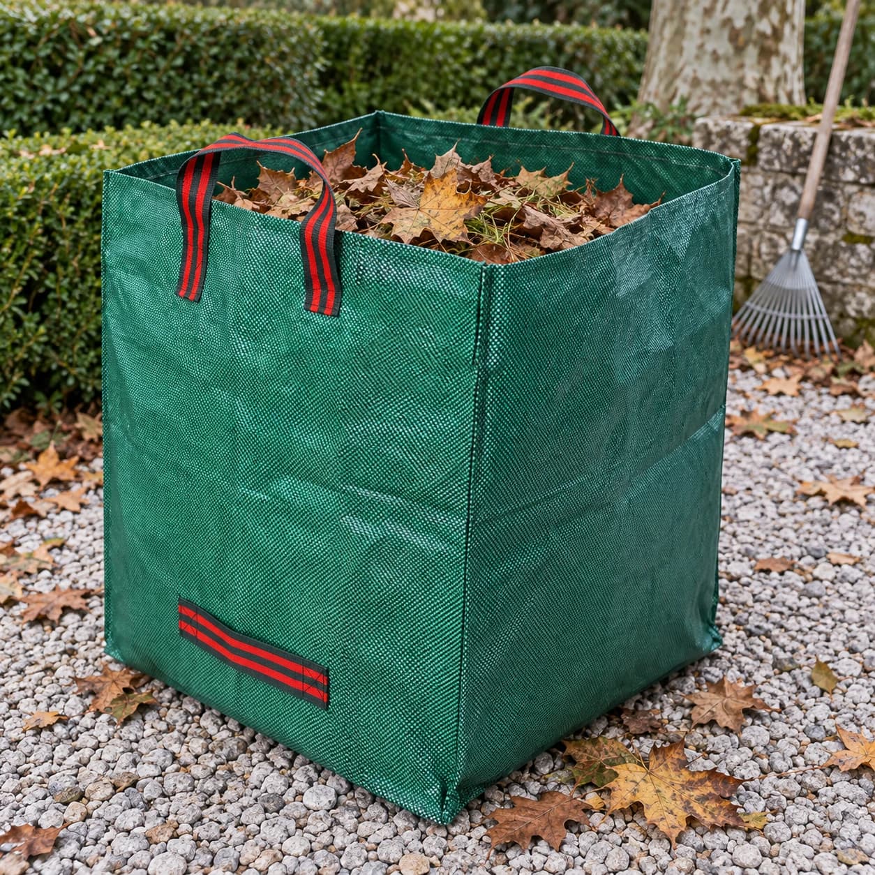 Sac de jardin 270 L rempli de feuilles mortes, poignée basse de bascule visible
