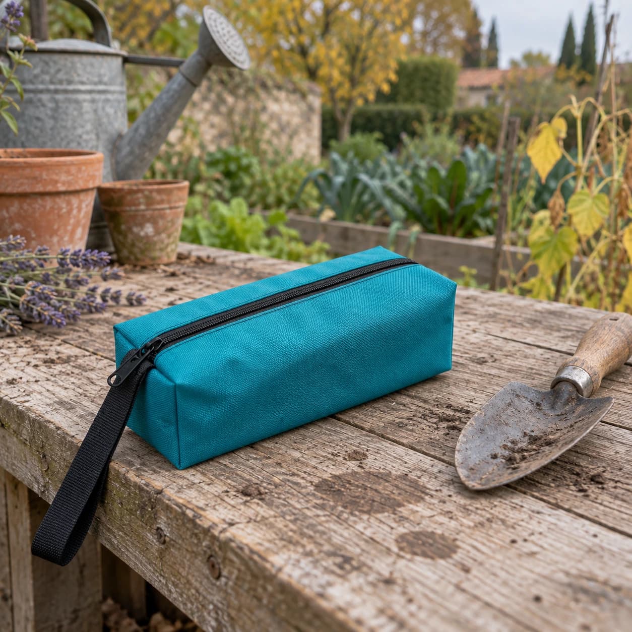 Pochette turquoise fermée posée sur un établi de jardin, sangle pendant par-dessus le bord