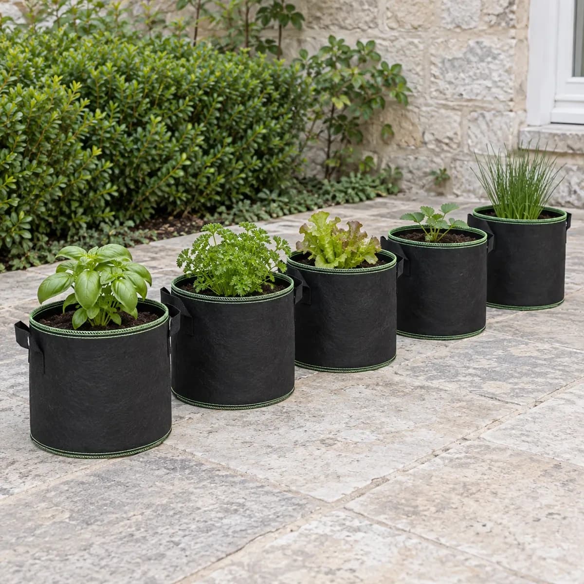 Cinq sacs de culture plantés sur une terrasse en pierre claire