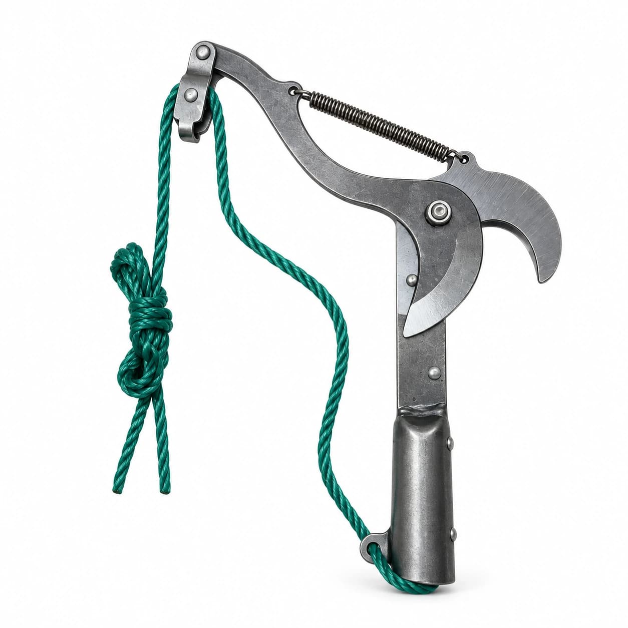 Tête de coupe de sécateur à corde en acier gris mat, ressort de rappel et corde verte, sur fond blanc