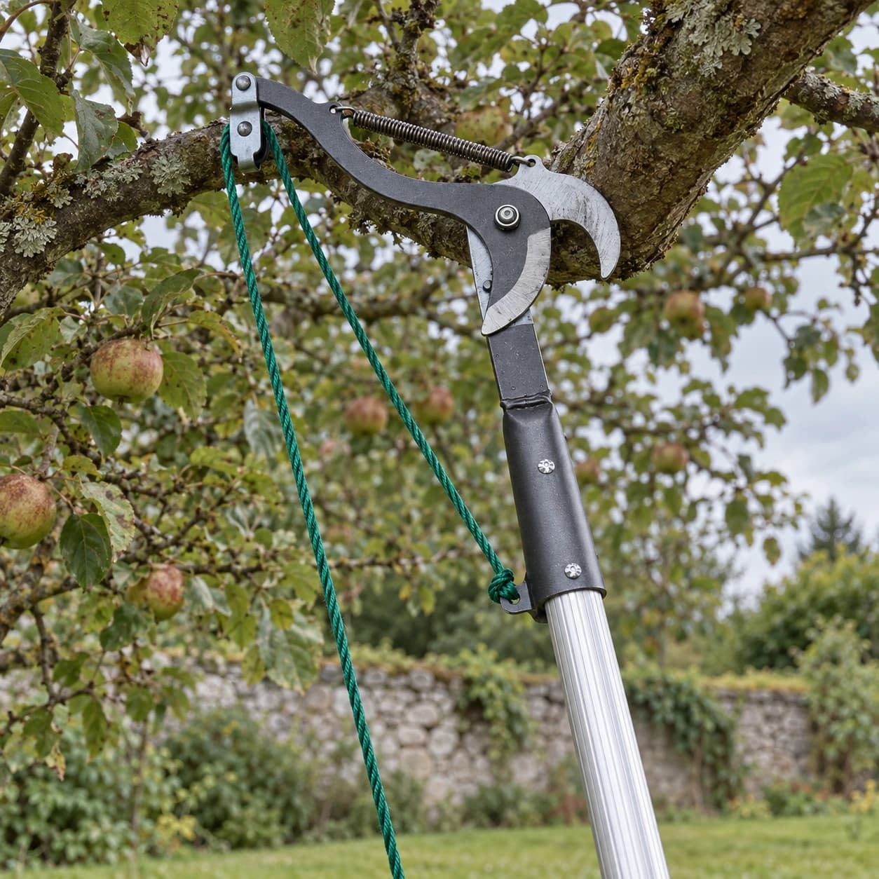 Tête de coupe montée sur une perche, crochet engagé sur une branche de pommier dans un verger français