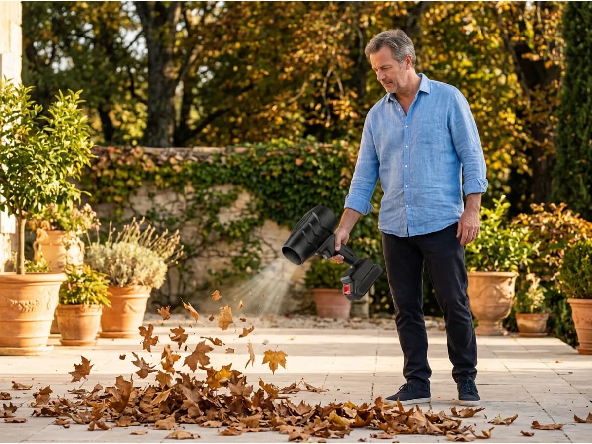 Souffleur compact en main sur une terrasse, feuilles mortes rassemblées en tas