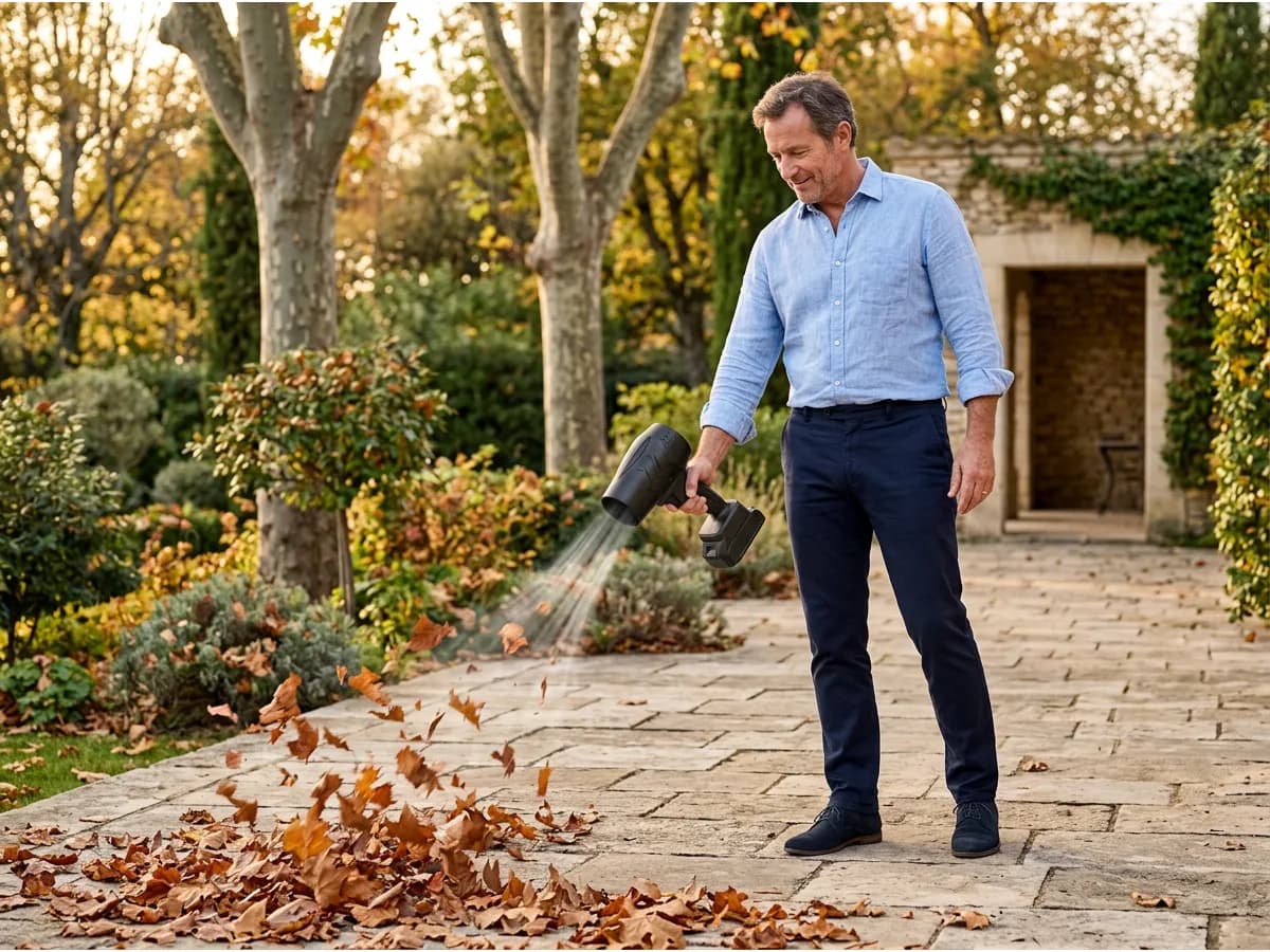 Nettoyage d'une allée de jardin au souffleur compact avec batterie clipsée