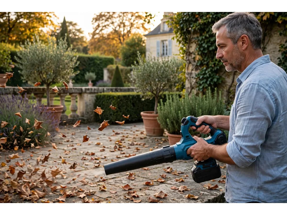 Rassemblement des feuilles mortes sur une allée de jardin au souffleur sans fil