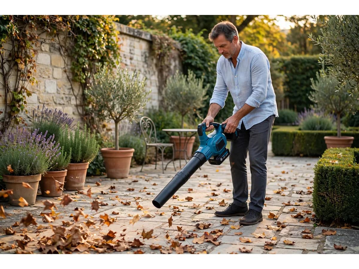 Souffleur tenu à une main pour dégager les feuilles au pied d'une haie