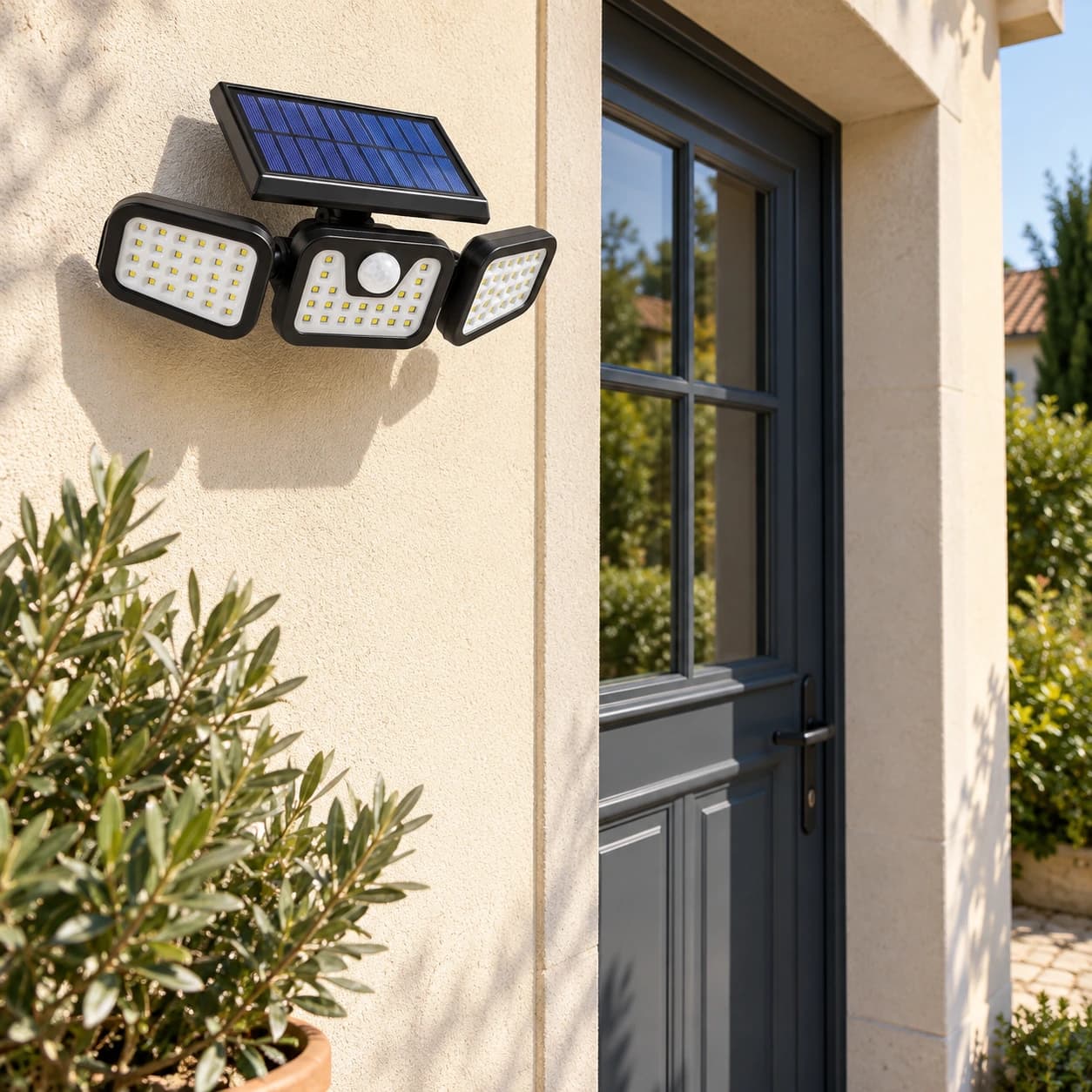 Spot solaire fixé près d'une entrée, les têtes dirigées vers le seuil et les côtés du passage