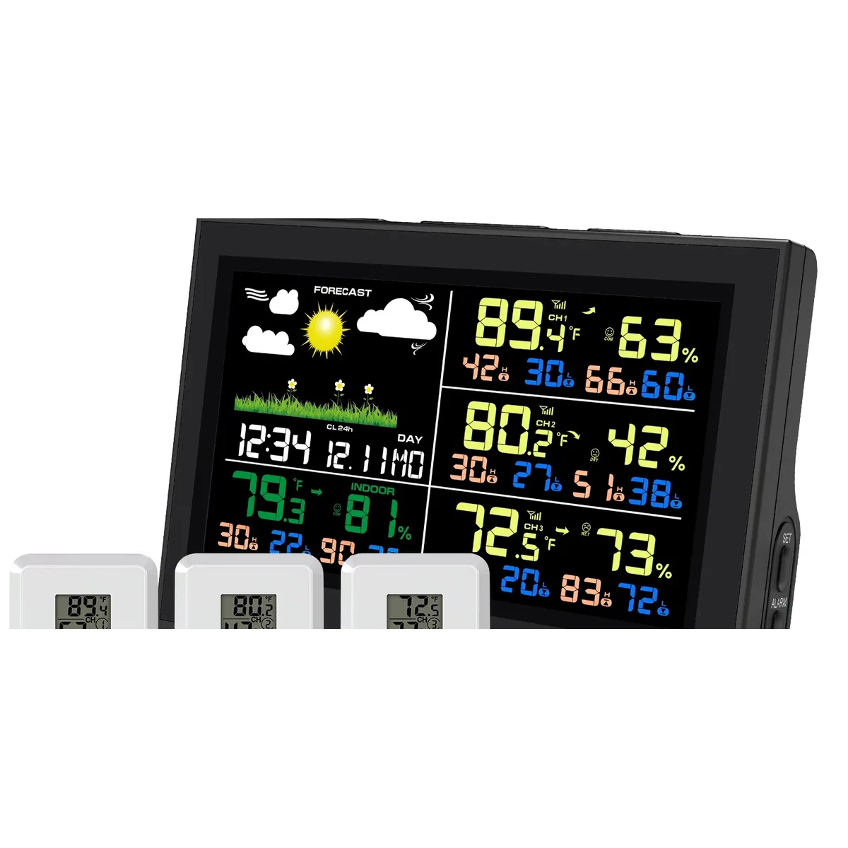 Console à écran couleur entourée de ses trois sondes déportées, sur fond blanc