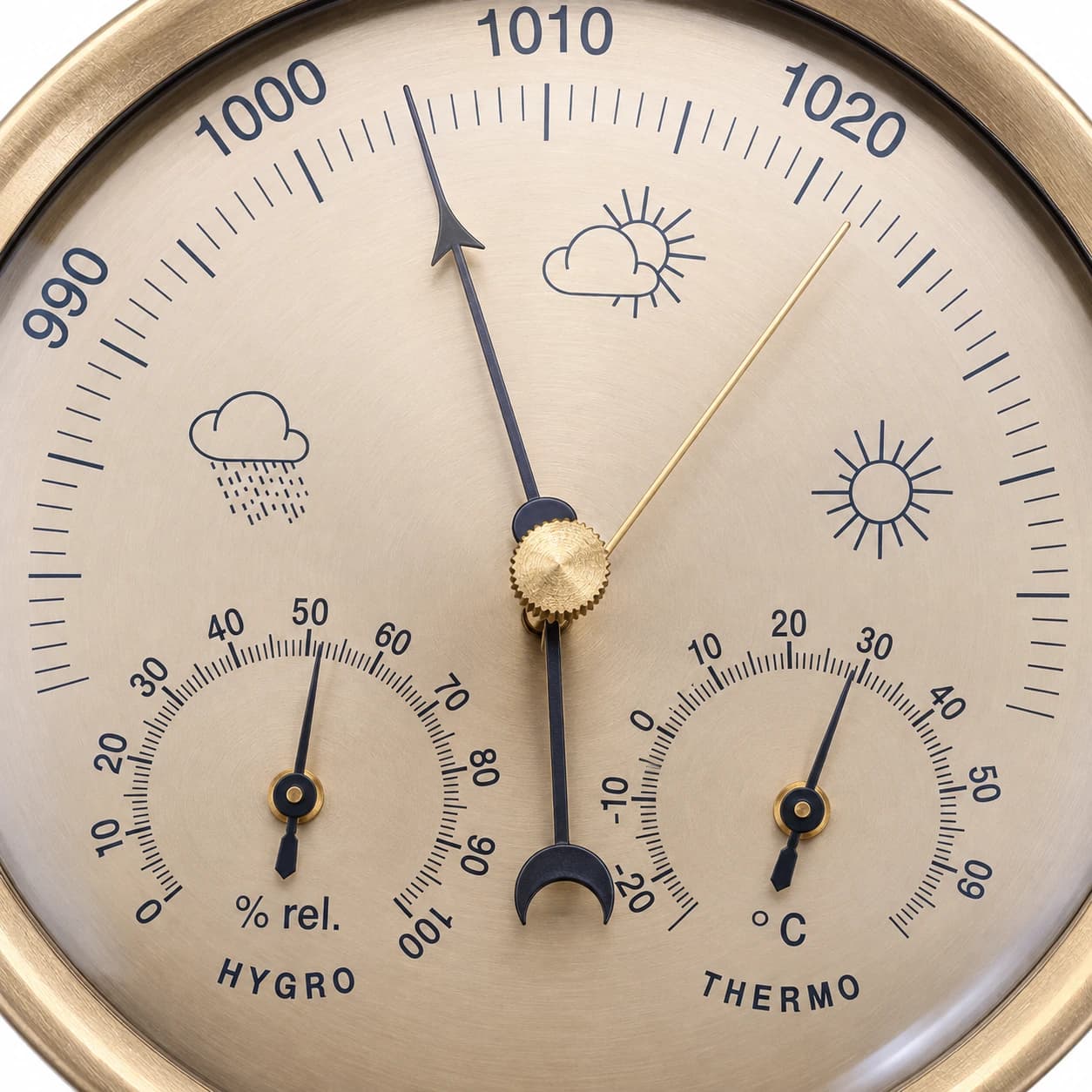 Gros plan du cadran : échelle de pression en hPa, hygromètre en % rel. et thermomètre en degrés Celsius