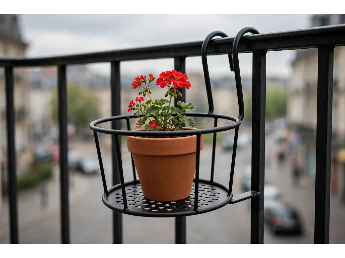 Support posé à cheval sur la rambarde noire d'un balcon, un pot en terre cuite et un géranium rouge dedans, rue floue derrière