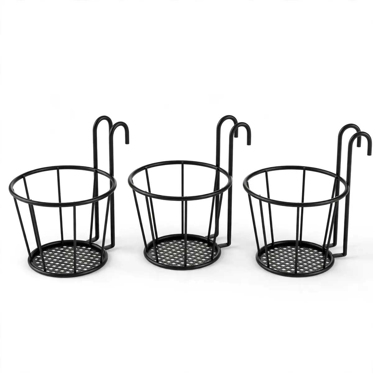 Support de pot en métal noir mat, vide, vu de trois quarts, cerceau évasé et platine ajourée à losanges